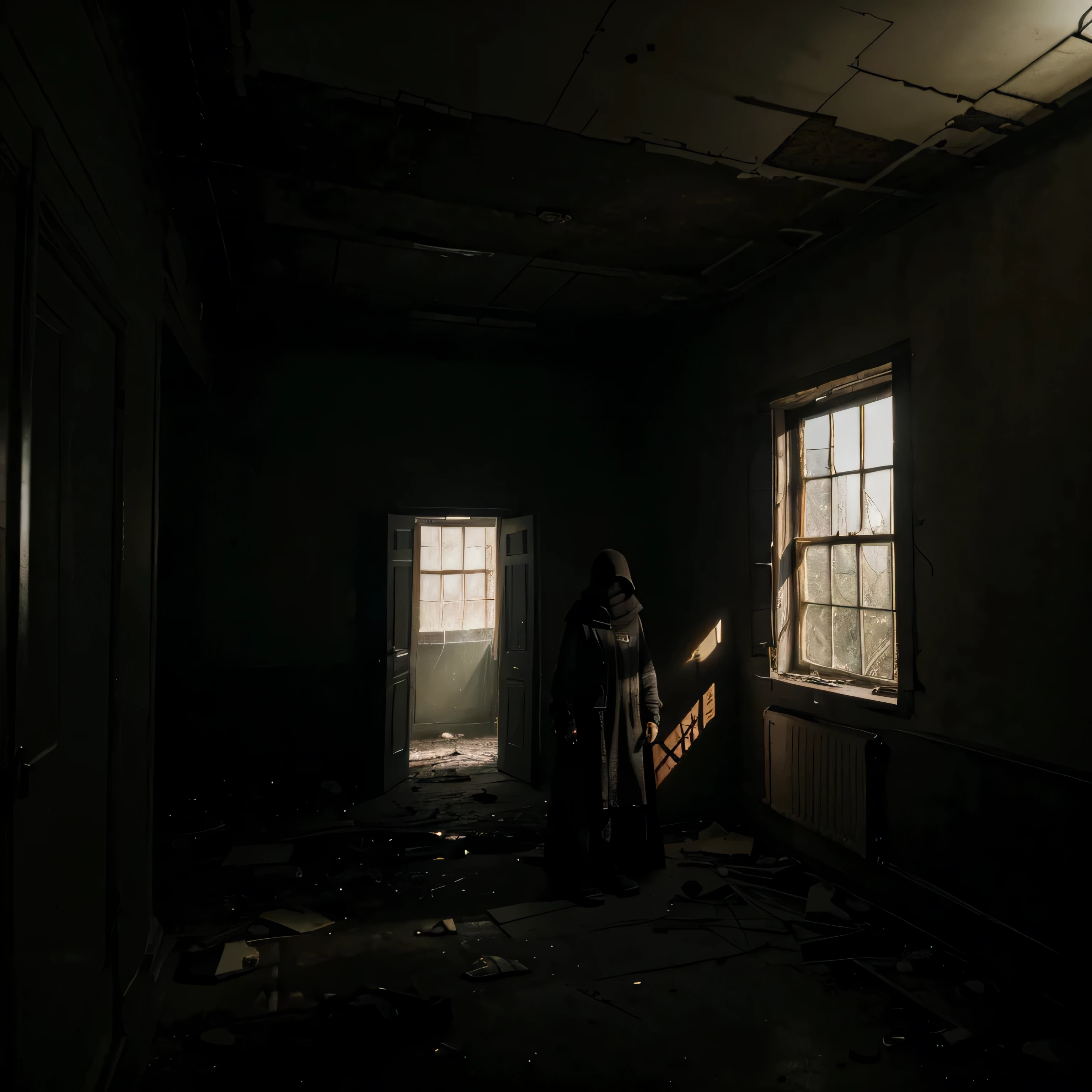 Meisterwerk, verlassenes Haus, dunkle Farben, viele Schatten, schwach beleuchteter Raum, Post-apokalyptischen, eine Silhouette einer weit entfernten Person, Tragen Sie lange Kleidung mit einer Kapuze, die den Kopf bedeckt, The walls are cracked, Der Boden ist kaputt, Dunkelheit, emotional intensiv