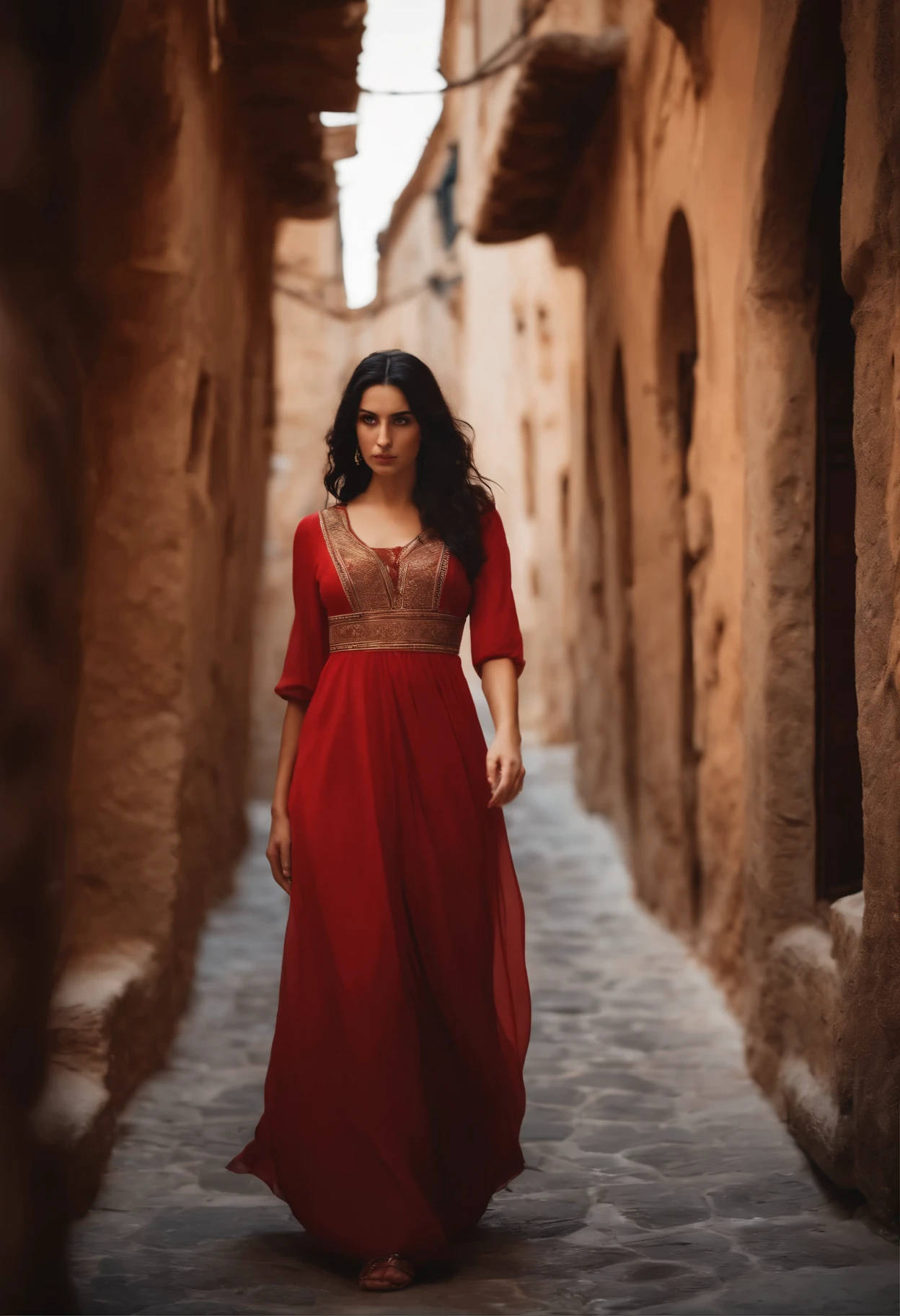 beautiful girl black hair brown eyes,red byzantine dress, Epoch Byzantine,walking on ancient Greek street