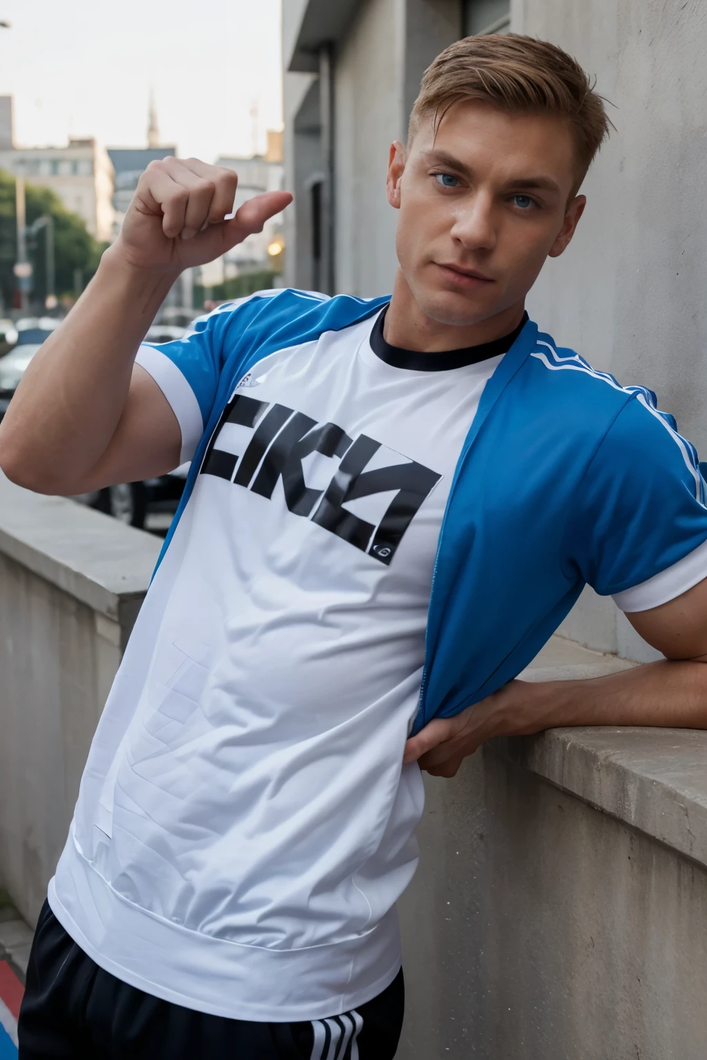 A muscular german nazi, scally, chav, modern, adidas, White, Hot, sexy, Blue eyes, happy, doing the "OK" symbol with his hand