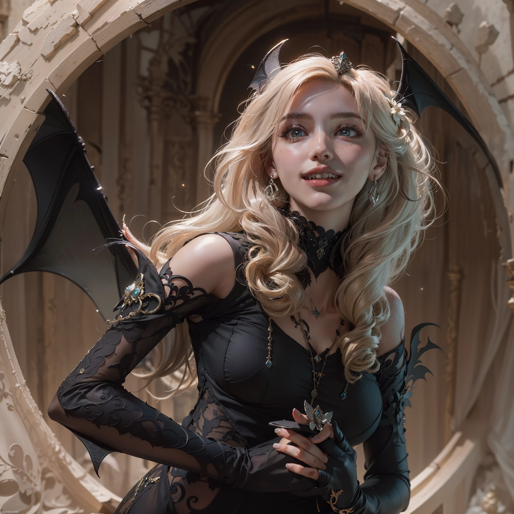 (Numerous award-winning masterpiece, with incredible detail, textures and maximum detail), (hyper realistic:1.4), (Full body image:1.9), (upper body up:0.3), (best quality real texture skin), (five perfect and beautiful fingers:1.8), (Anatomically perfect and beautiful style:1.9), (succubus:1.8), (bewitching smile on the corner of your mouth:1.7), tongue licking, (finely detailed true circle Symmetrical eyes), (finely Detailed and beautiful face:1.8), (Image of aesthetic and decadent atmosphere:1.6), (medieval world:1.6), (fair but beautiful skin and face:1.8), (Black bat wings behind the shoulders:1.6), (A thin tail with an arrowhead-like spade-shaped tip that grows from the buttocks:1.3), (wearing decadent and delicately crafted accessories:1.8), (elegant and finely carved medieval rooms and furniture:1.8), (Mysterious eyes of bioluminescent seduction:1.7), (Depraved Beauty:1.6), (The sexy and luxurious costume that covers the whole body is delicately made:1.8), (elegant and luxuriously crafted accessories:1.8), (Too much exposed skin:1.5), (Strong moonlight coming in from outside:1.7), ((dramatic photo)), ((cinematic light)), (Full body image:1.9), (looks up), (looking down), (Sensual and seductive pose:1.6), (smoke effects and bewitching light:1.4), beautiful white hair, beautiful silver hair, beautiful blonde hair, pink hair, Wind Effects, (Pheromones floating around:1.3), Ruins of an old castle, Royal Underground Tombs, (dilapidated medieval world mansion:1.6), ((Dark nights, full moon nights, new moon nights)), epic realistic, faded, ((neutral colors)), art, (hdr:1.5), (muted colors:1.2), hyper detailed, (art station:1.5), cinematic, warm lights, light effect, dramatic light, (intricate details:1.1), complex background, (Greg rutkowski:0.8), (teal and orange:0.4),short hair