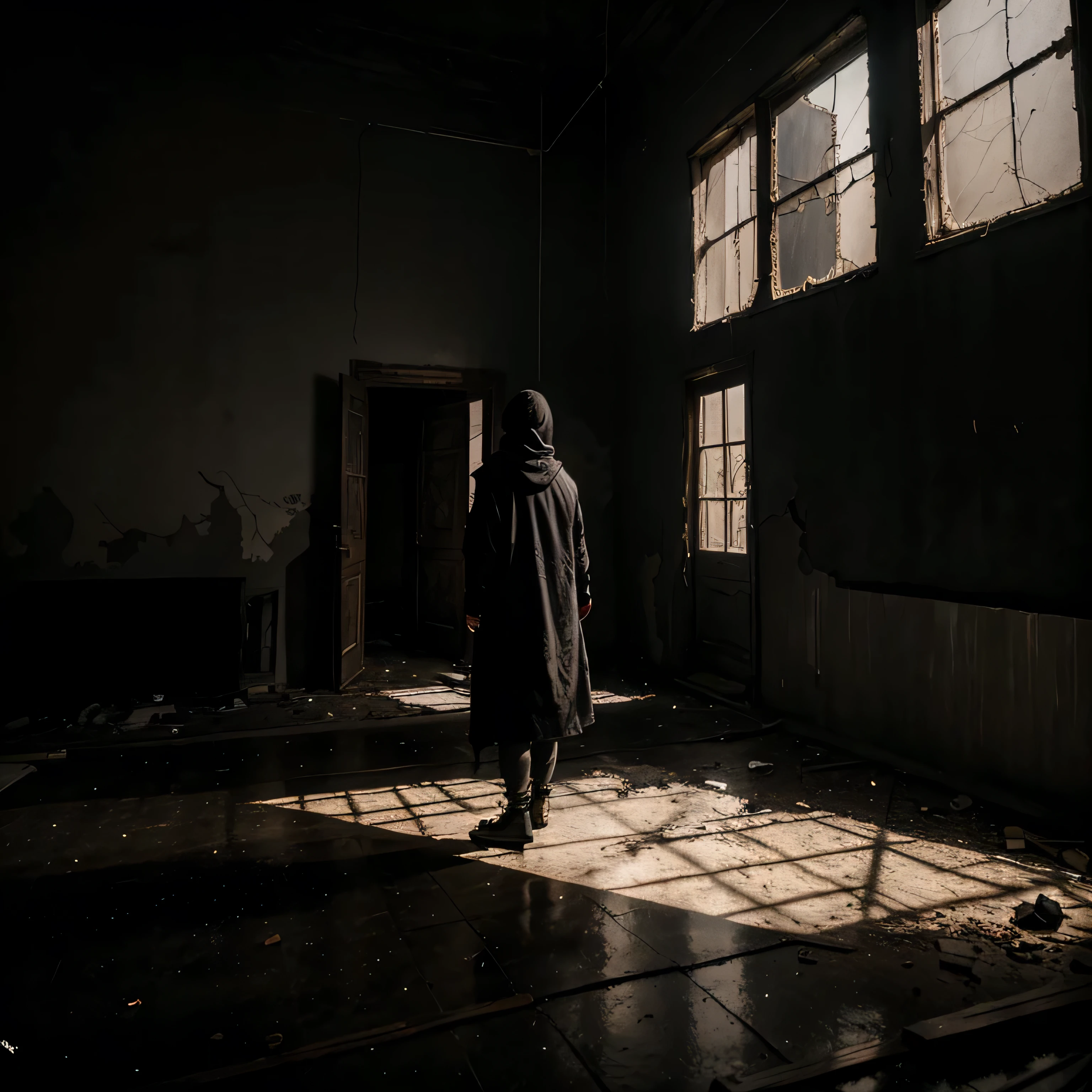 Meisterwerk, verlassenes Haus, dunkle Farben, viele Schatten, schwach beleuchteter Raum, Post-apokalyptischen, eine Silhouette einer weit entfernten Person, Tragen Sie lange Kleidung mit einer Kapuze, die den Kopf bedeckt, The walls are cracked, Der Boden ist kaputt, Dunkelheit, emotional intensiv, Gesicht ist nicht erkennbar, Die Person ist von hinten zu sehen