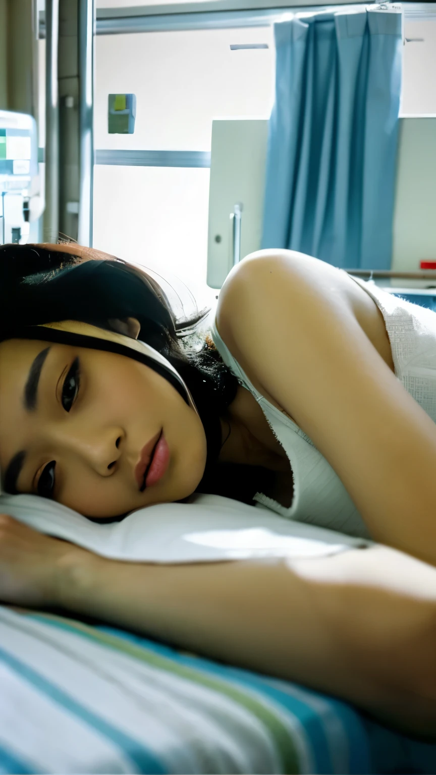 woman lying in hospital room,Looks weak。On the table next to the hospital bed、There was a letter。