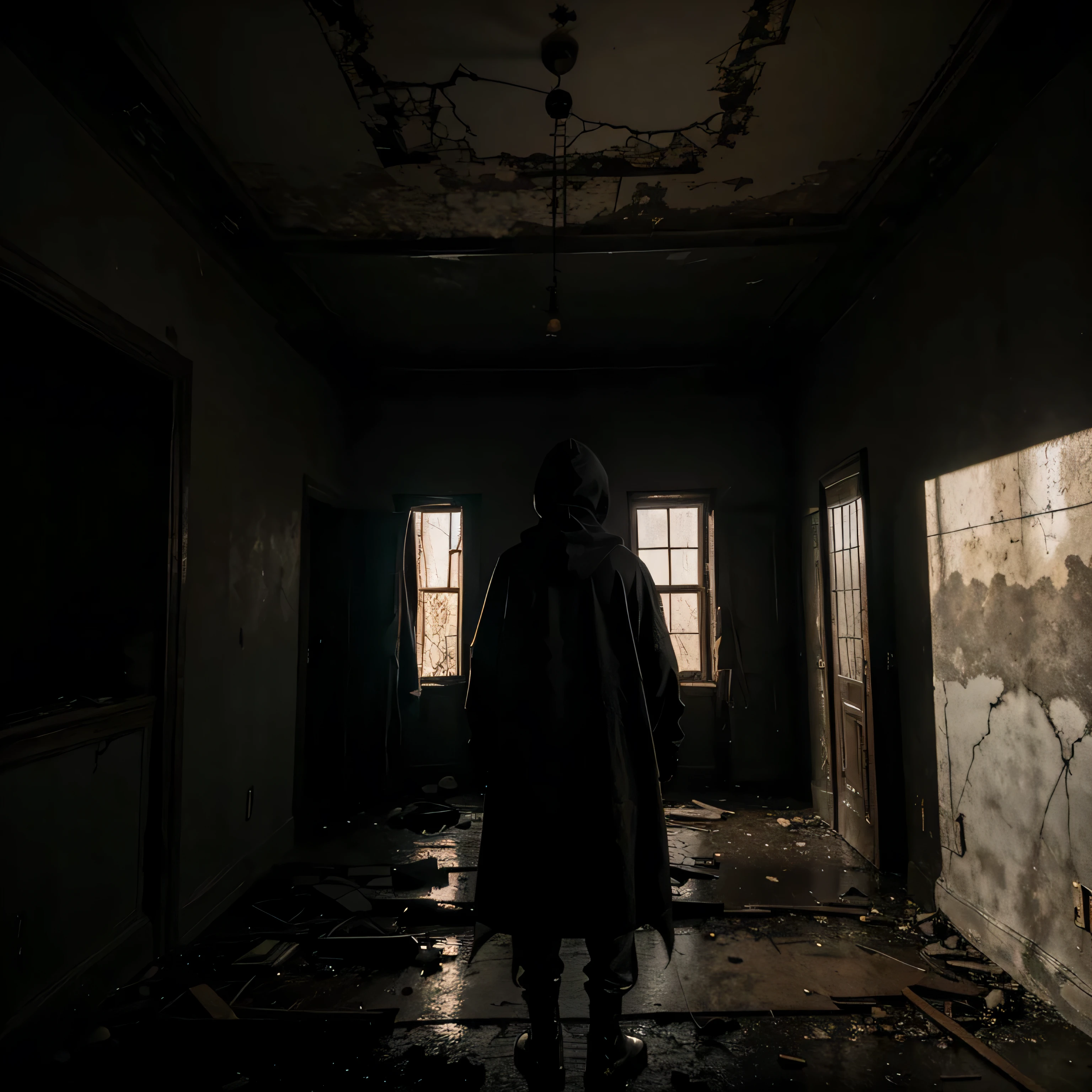 Meisterwerk, verlassenes Haus, dunkle Farben, viele Schatten, schwach beleuchteter Raum, Post-apokalyptischen, eine Silhouette einer weit entfernten Person, Tragen Sie lange Kleidung mit einer Kapuze, die den Kopf bedeckt, The walls are cracked, Der Boden ist kaputt, Dunkelheit, emotional intensiv, Gesicht ist nicht erkennbar, Die Person ist von hinten zu sehen