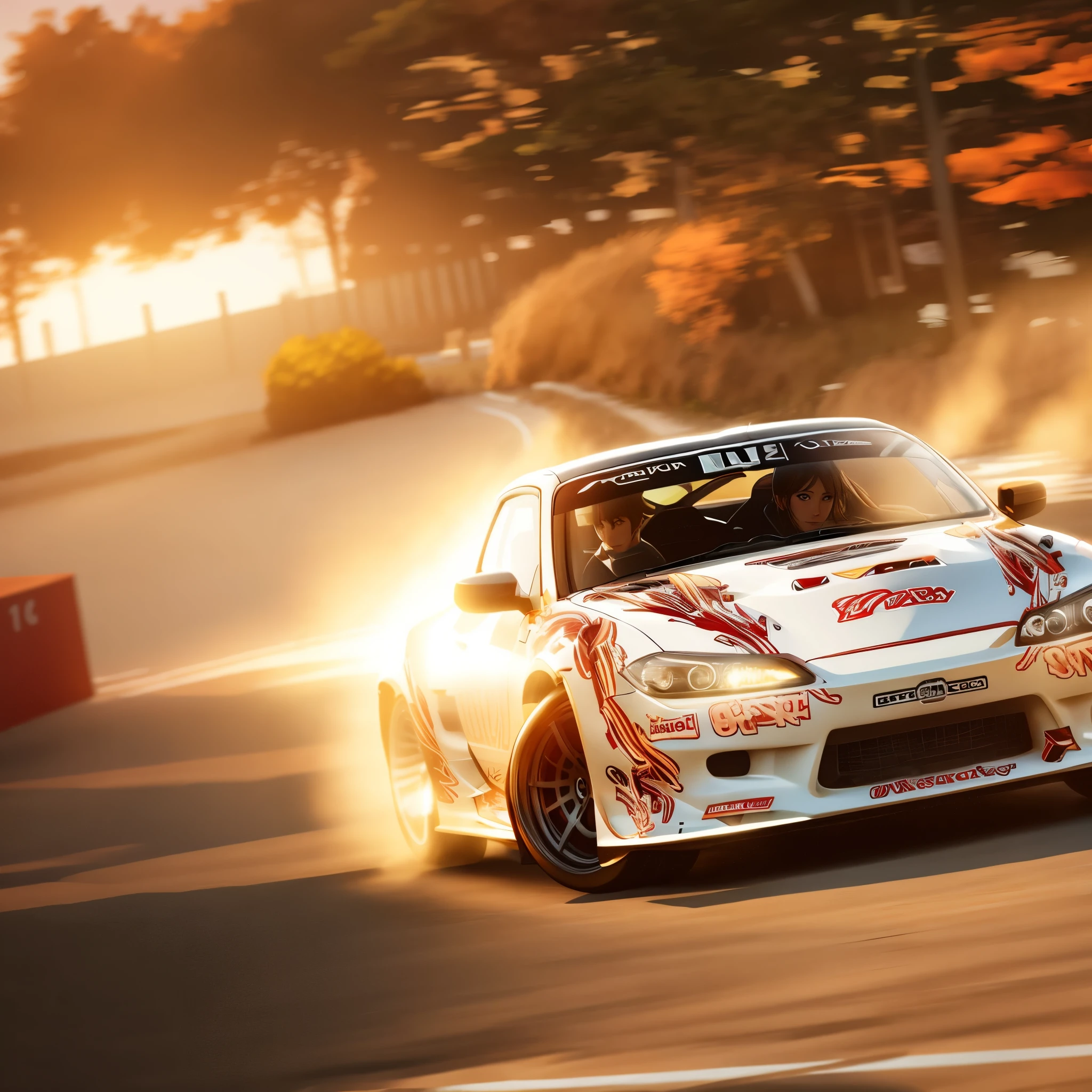 Sports car drifting round corner. Anime