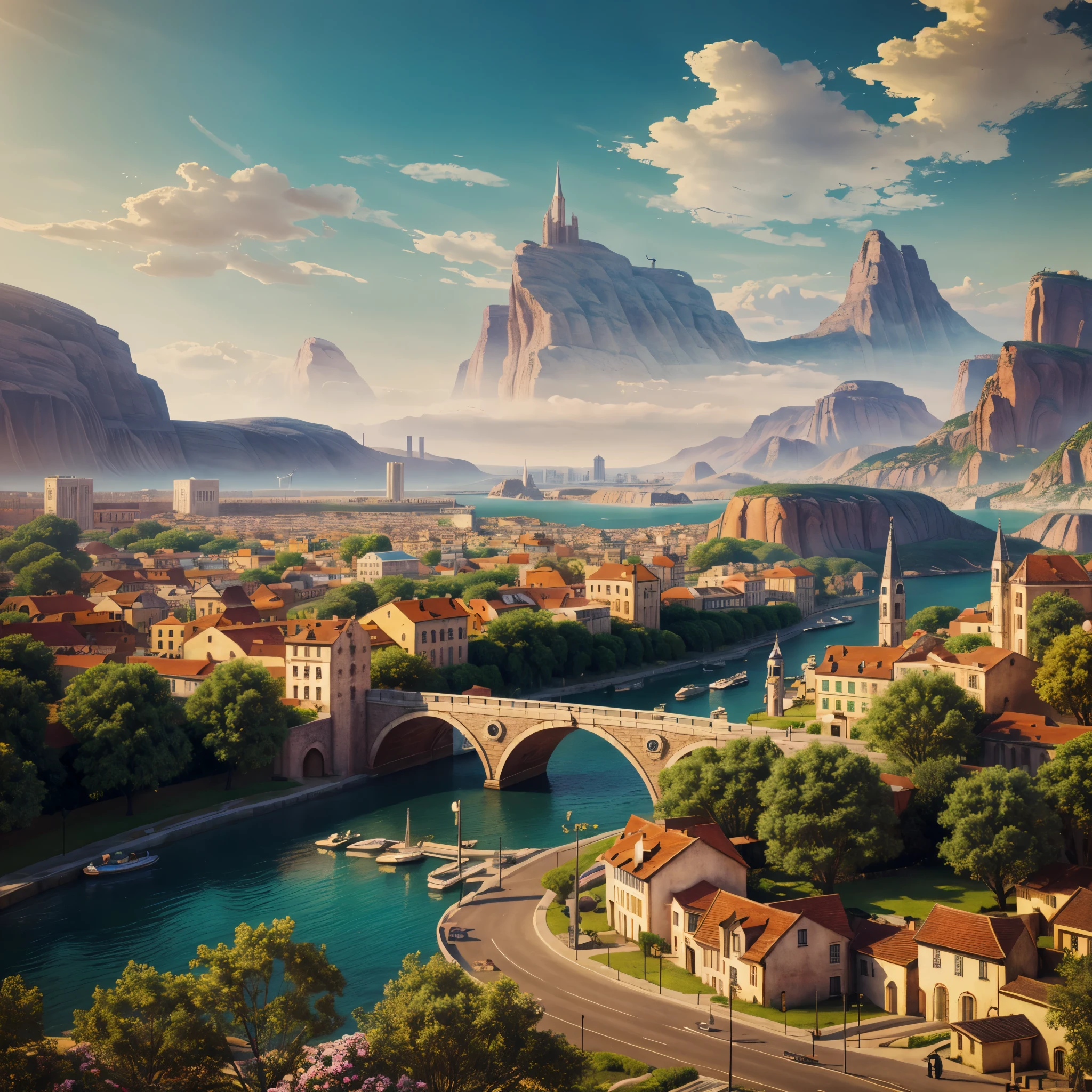 Landscape with buildings, (Aestheticism:1.6), hyper realistic, 8k, vibrant colors, sharp image