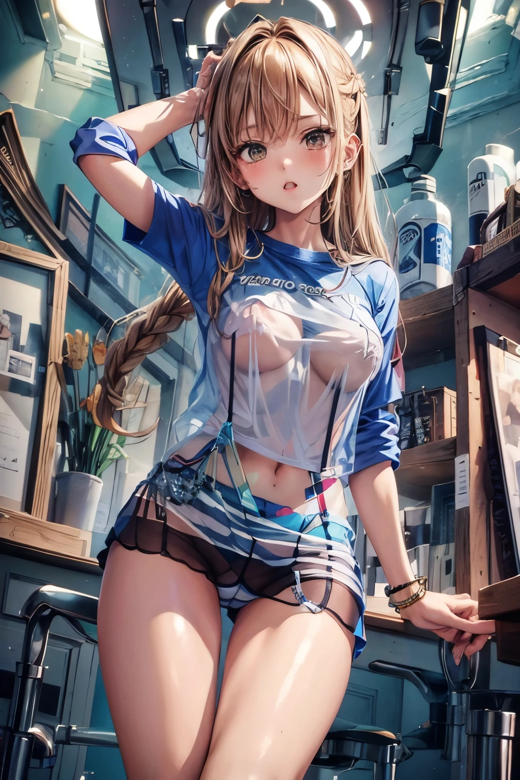 transparent tshirt, wear striped slim thigh panties