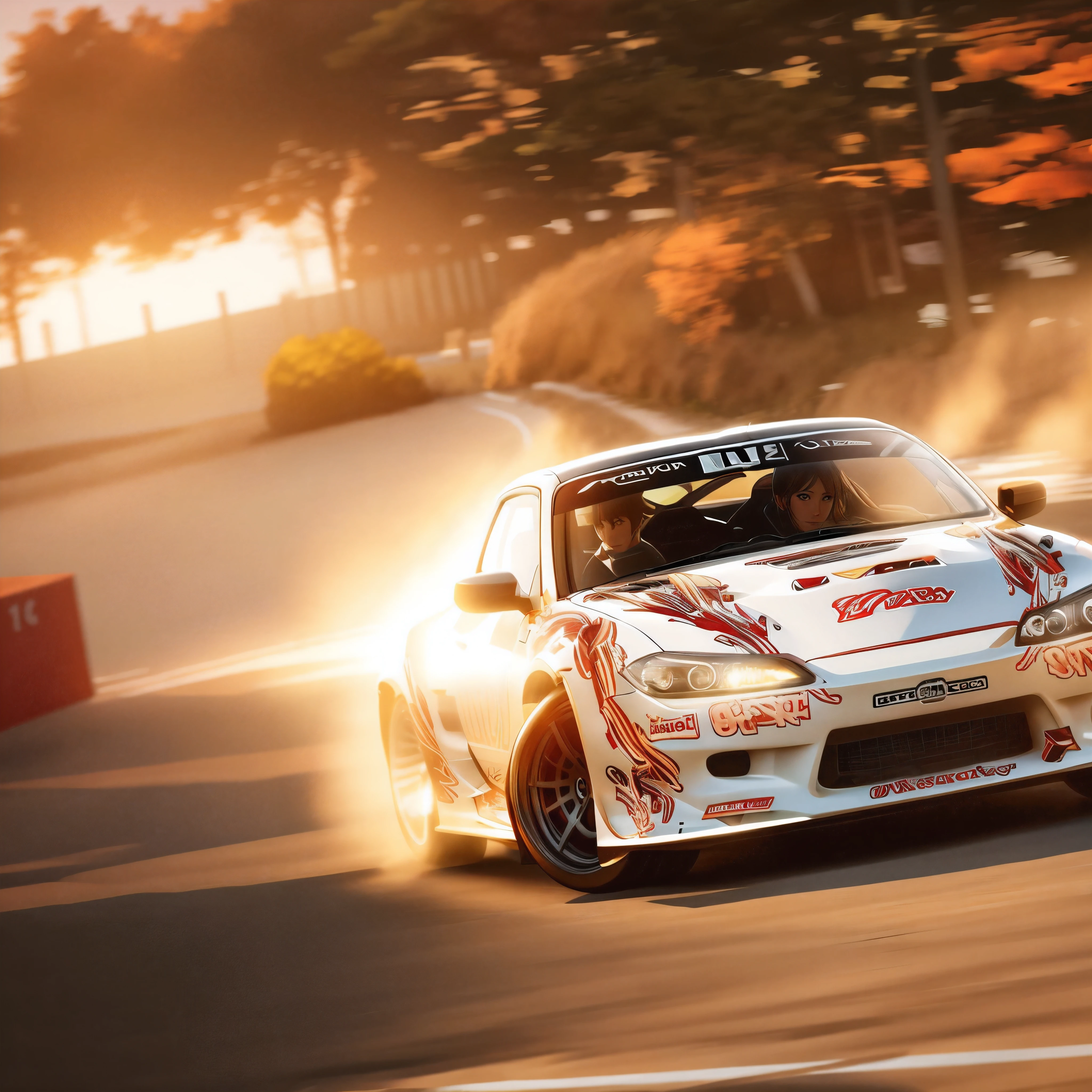 Sports car drifting round corner. Anime