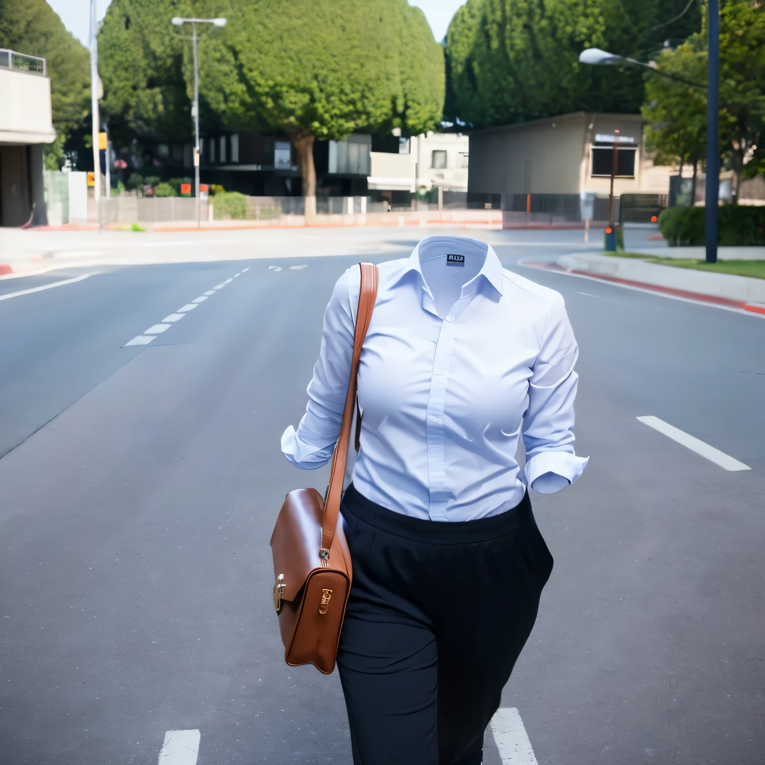 school blouse, school dress pants, school bag, stripe tie, (invisible, no humans, headless, faceless:1.5), chubby, fat, cute big breasts, (8k, RAW photo, best quality, masterpiece, high resolution, extremely detailed CG:1.2), (realistic, photo-realistic:1.37), photon mapping, radiosity, ((Hasselblad photography)), physically-based rendering