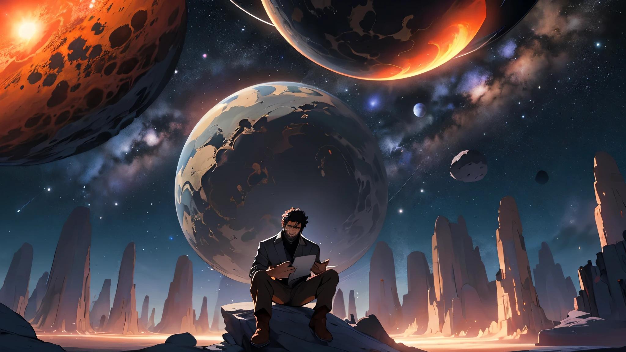 Draw a young asia boy programmer, sitting on a research platform floating in the middle of an asteroid belt. He is studying with a notebook, surrounded by several asteroids glowing with fiery auras. Dramatic lighting from distant stars and planets illuminates the scene, casting deep shadows on the suit. The young man looks confident and determined, looking at the vast and mysterious universe with wonder and respect,facial hair, cowboy shot,