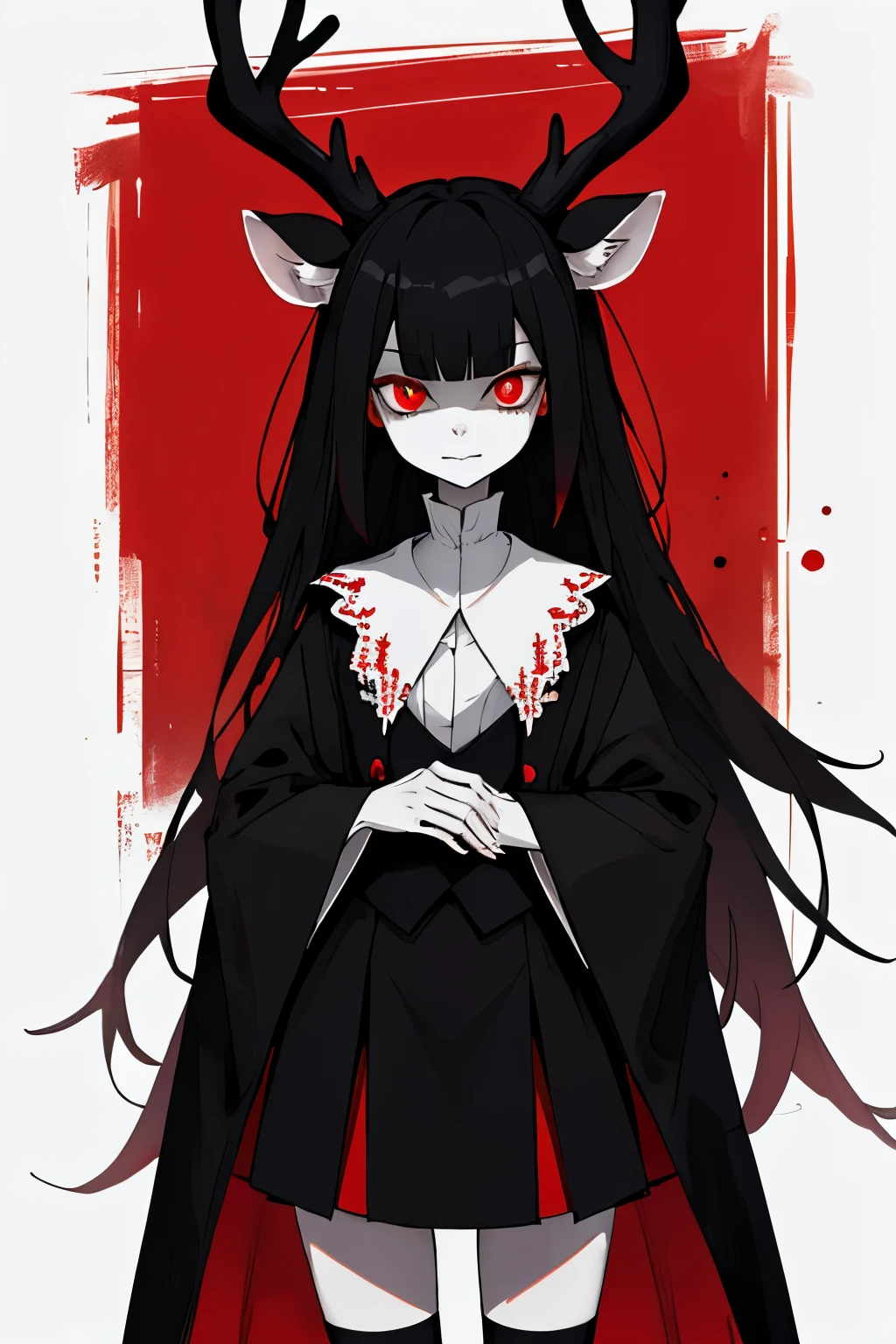 
Tall woman, She has long black silky hair and bangs .she has deer ears, small deer antlers, fluffy deer tail. red long sleeved shirt ,black vest , a black skirt, One long black stocking on her left left and a short black sock on her right leg , red eyes, white skin . Vodoo creatures behind her, dark surroundings, night, glowing red eyes. Evil, deers in background with glowing red eyes. Sinister, half open eyes, close up, , sadistic, black hair, creepy background, frown, Hazbin hotel drawing reference demon 