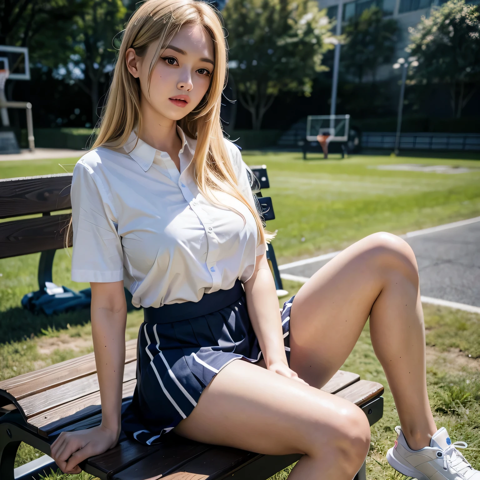 blonde girl, long hair, huge breast, using japanese school uniform, dark blue skirt, white shir, detailed face, detailed fingers, sitting on a bench, crossed legs, basketball field background, open legs, panties showing