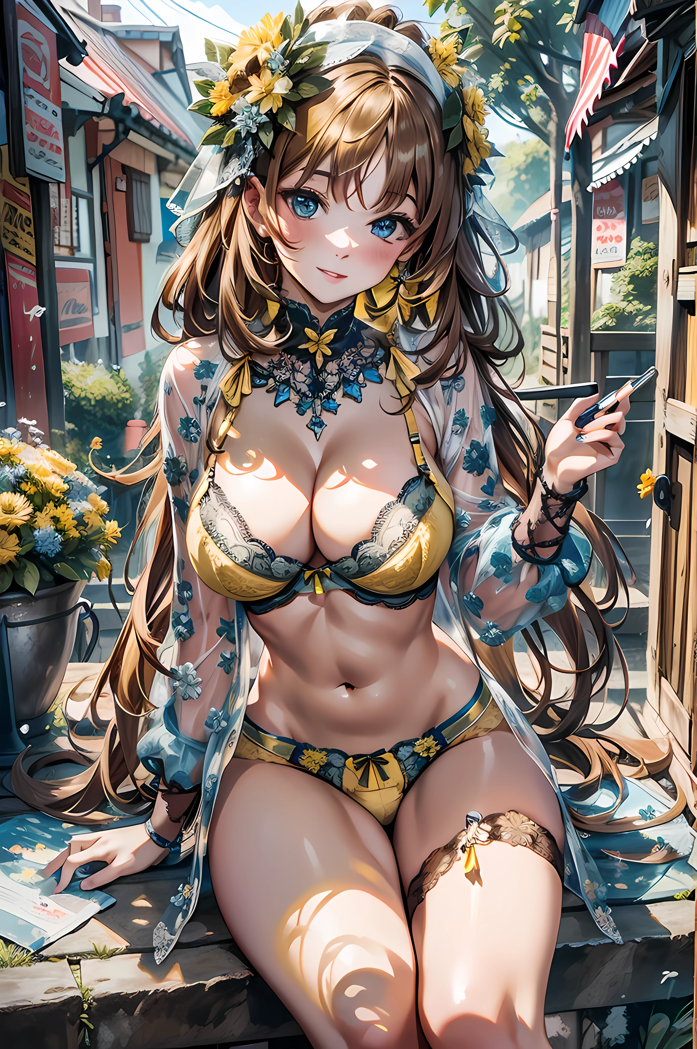 absurd, 8 TAUSEND, high resolution, Ultradetailliert, Nice, Meisterwerk, best quality, very pretty woman, jung, (gelbe Dessous:1.6), sexy, (very big breasts:1.4), detailliertes Frauengesicht, ,nilou (Genshin Impact), nilou (weder Blume noch Nebel) (Genshin Impact),