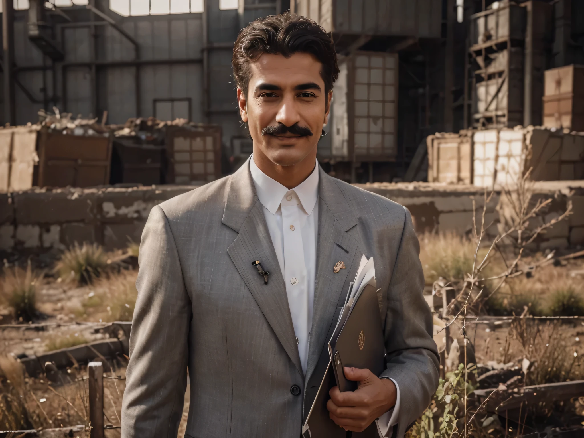 hombre, Characteristics of the Middle East, cabello divertido, Bigote, he is smiling, lleva un traje formal gris, he is holding a black folder, he is inside a retro soviet nuclear plant, colores oscuros, 4k, ultra detallado image, Realista, muy detallado , perfect composition, gorgeous, Intrincadamente detallado, incredibly detailed, 8 k artistic photography, hiper detallado, obra maestra, ultra detallado, hyper Realista, 4k, ultra detallado image, Realista, muy detallado, perfect composition, hermoso, Intrincadamente detallado, incredibly detailed, 8K fine art photography, hiper detallado, obra maestra