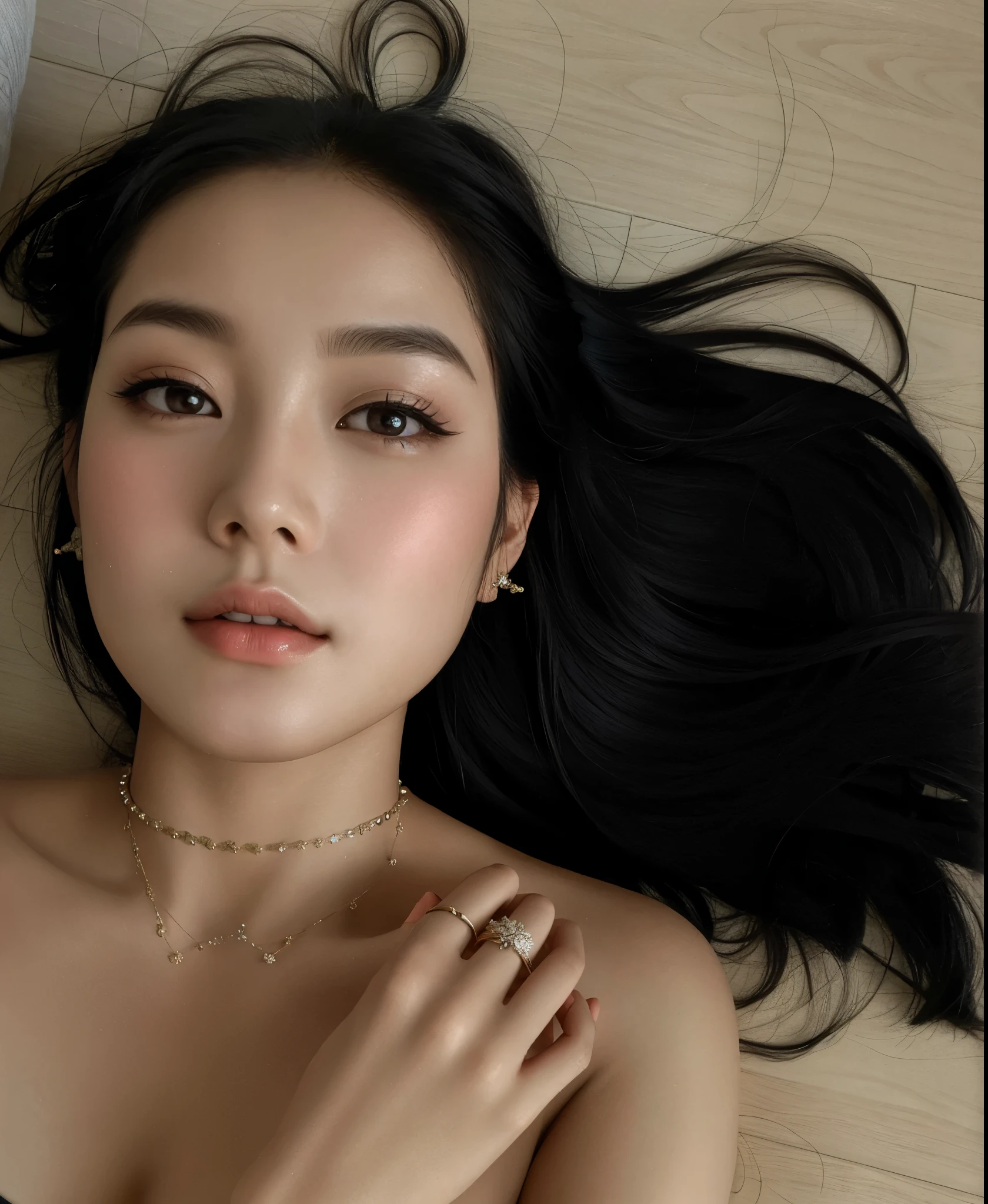 araffe woman lying on the floor with her hair up, asian face, gema chen, usando gargantilha com detalhes dourados, beautiful  Asian, tomorrow brother trans, uma mulher Asian, linda mulher Asian, flawless brunette skin, detailed face of a  Asian, uma jovem Asian, Xisionwu, linda jovem Asian, beautiful chinese model,  Asian