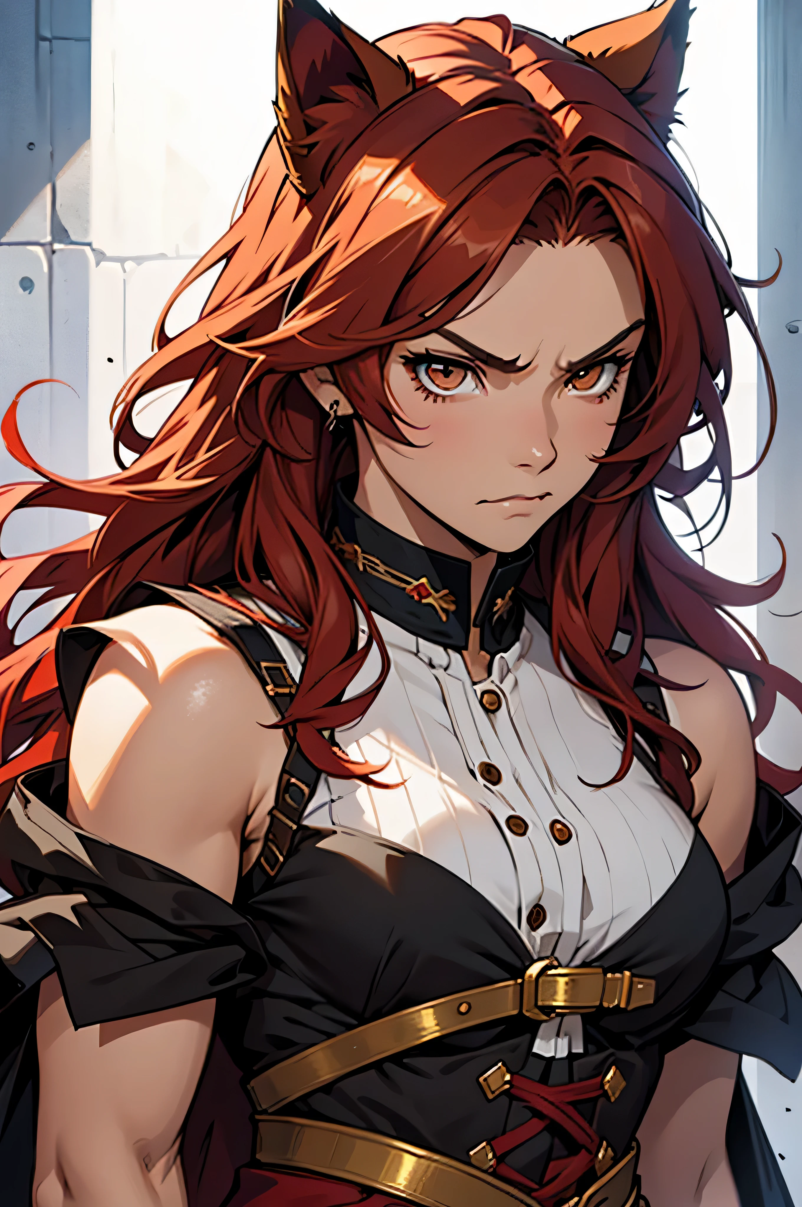 anime, masterpiece, best quality, by professional artist, 1girl, female, solo, upper body portrait, detailed composition, detailed eyes, detailed hair, messy red hair, golden brown eyes, cat ears, angry face, wearing red medieval clothes, sleeveless, muscular