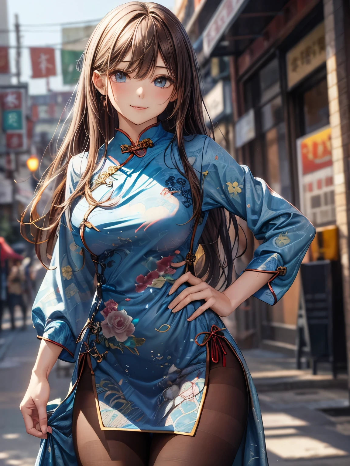 highest quality、All limbs、full finger、((one beautiful woman))、Beautiful busty woman、long hair、((brown haired woman))、((Blue cheongsam:1.5))、blue leotard panties、((brown pantyhose))、white boots、Chinatown、big smile、Street Fighter、hands on hips