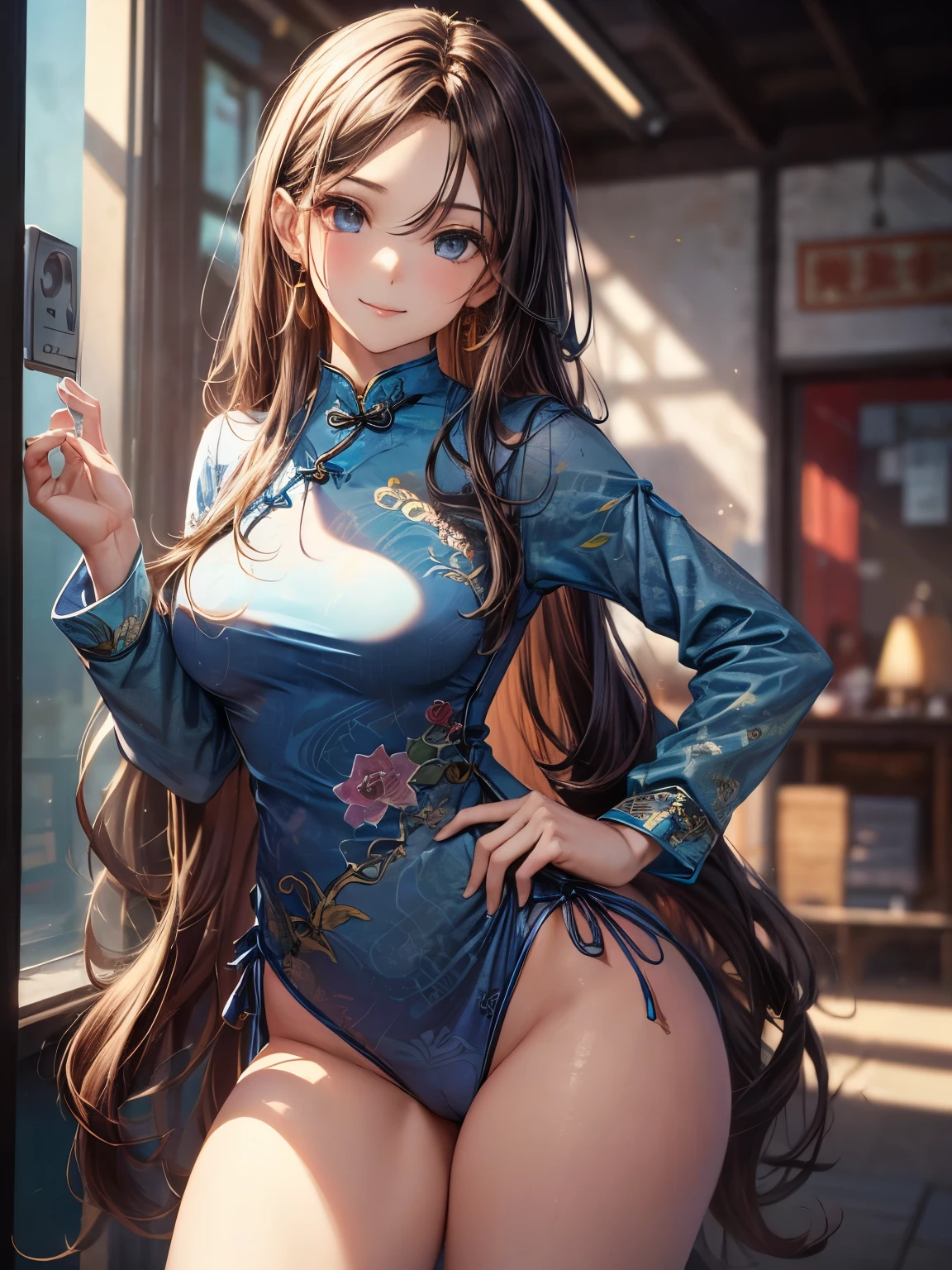 highest quality、All limbs、full finger、((one beautiful woman))、Beautiful busty woman、long hair、((brown haired woman))、((Blue cheongsam:1.5))、blue leotard panties、((brown pantyhose))、white boots、Chinatown、big smile、Street Fighter、hands on hips