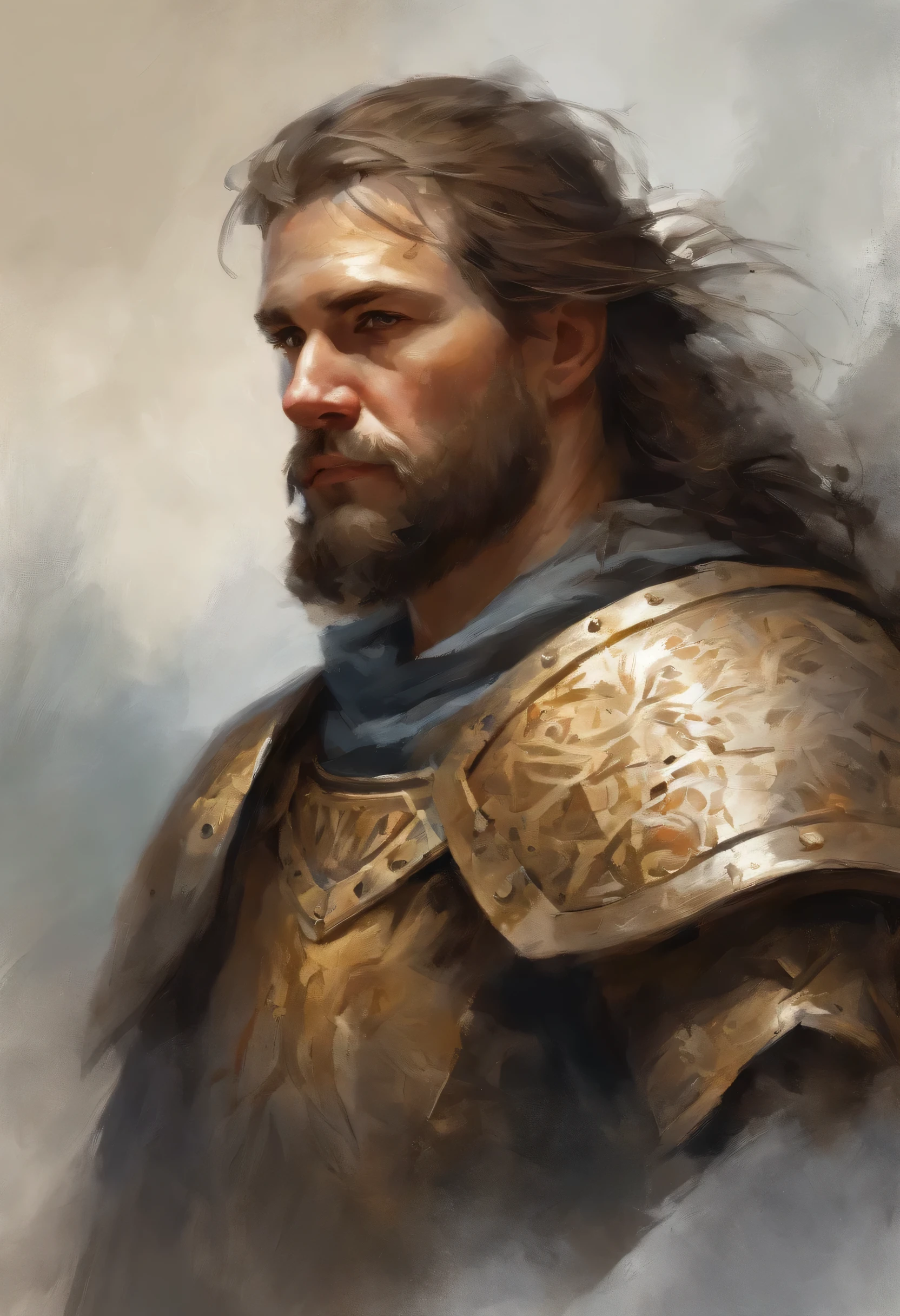 ancient epic hero, long haired, modelshoot style, (extremely detailed CG 8k wallpaper), bust photo of the most beautiful artwork in the world, medieval armor, portrait, majestic professional oil painting by Ed Blinkey, Atey Ghailan, Studio Ghibli, by Jeremy Mann, Greg Manchess, Antonio Moro, trend at ArtStation, trend at CGSociety, Intricate, High Detail, Sharp Focus, Dramatic and Photorealistic Painting Art by Midjourney and Greg Rutkowski