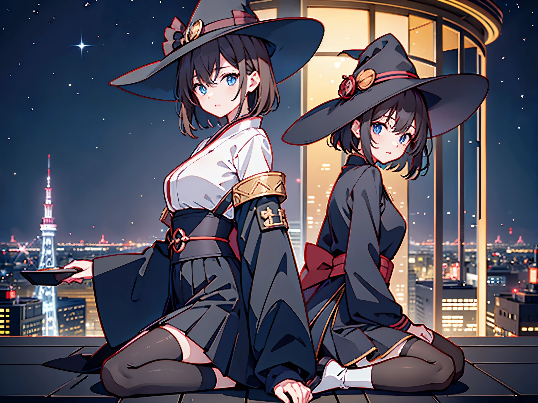 This is the rooftop of a building in Tokyo.、You can see the night view of Tokyo and the lights of Tokyo&#39;s port in the background.、I can see a meteor shower、There are two adult women, A and B, with their legs spread apart.、A is a woman with short white bob hair and a large black witch hat with sapphire accessories.、B is a woman with dark brown hair wearing a large black witch hat with garnet accessories、witch's hat、blue eyes、wearing a black coat、white T-shirt 、black skirt、black stockings、black spats、black sneakers with white laces、2D illustration、Japan anime、drawn by Japanese ilastrator、high resolution、4K quality、high quality、High resolution、5 million pixels、high detail、beautiful background
