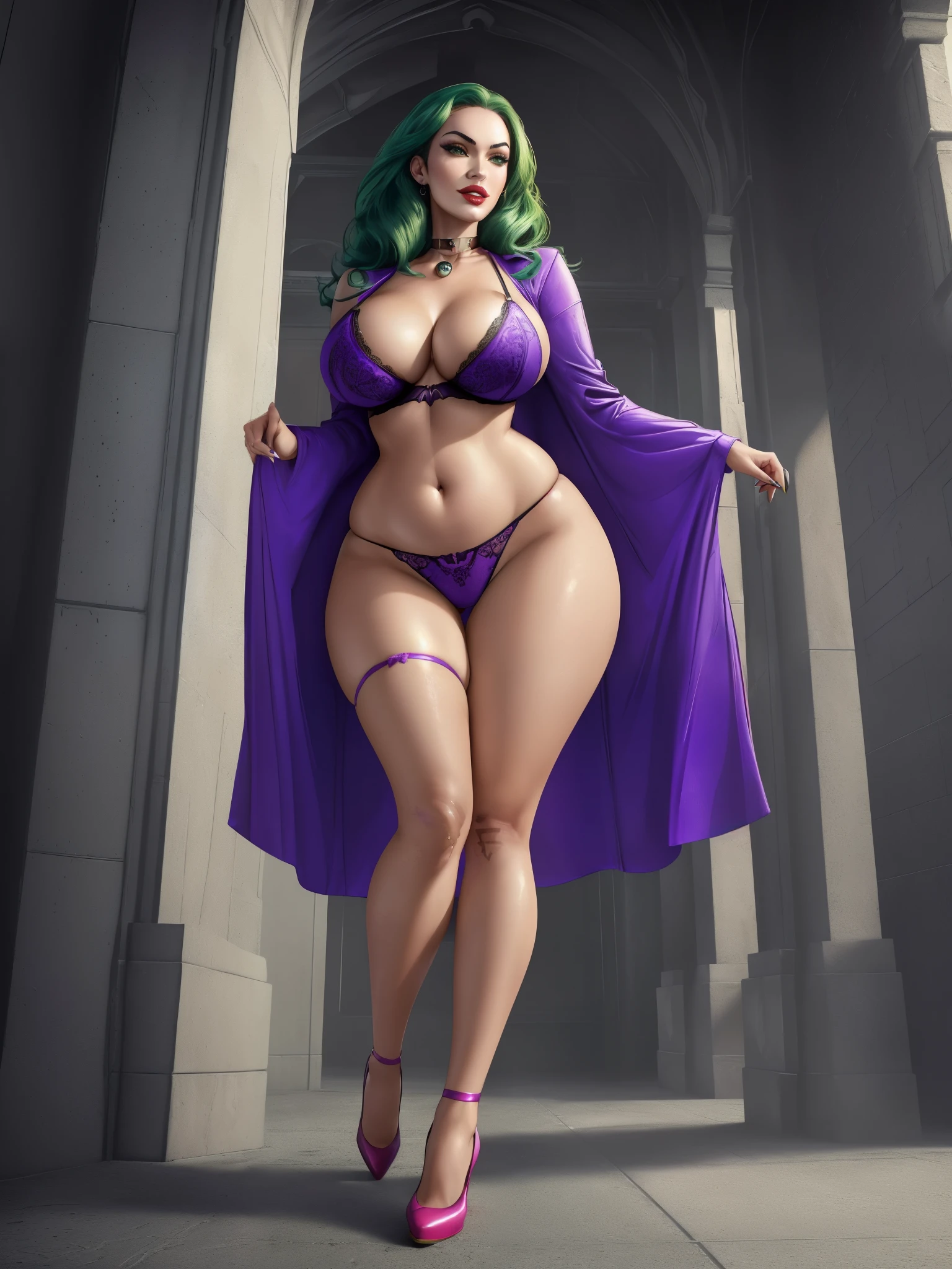 (((Portrait of Megan Fox as the Joker with a beautiful clown make up))), (((abstrac))), (exotic lingerie), ((((green hair))), ((purple suit)), (cleavage), (full body portrait), concept art, sharp focus, big thighs, (((panty pulling down))), ((((pin up)))), (frontal wedgie, highleg panties, ass visible through thighs), stockings, nipples, pussy, pubic hair, futuristic city, Night city background. (beautiful symmetrical face, sharp and dreamy eyes, sharp mouth) (((grabbing own breast))), (((medium breast))), ((((pinup)))), (((viewed from below))), ,[[[(((low angle)))]]]], ((sensual uniform)), seductive eyes, seductive pose, seductive smile, (((full body))), (((8k, highly detailed, intricate, sharp focus, hd, masterpiece))), high heels boots,, thigh hips, wide hips, big hips, with seductive eyes, seductive pose and seductive smile, skin pores, (eyeshadow), make up, lipstick, jewelry, (she's looking into the distance), ((with saggy breast)), colorful, vibrant, volumetric lighting, subsurface scattering, good highlights, good shading, cinematic, highest quality, award winning, masterpiece, 35mmstyle, (((8k, highly detailed, intricate, sharp focus, hd, masterpiece))), (((big hips))), ((hourglass figure)), ((peachy ass)), ((big ass)), (((feminine))), beautiful female, high res, perfect hands, (((perfect fingers))), tease, with a seductive smile, smiling seductively, perfect eyes, seductive lady, seductive smile, ((wide hips)), mature body, ((womanising smile)), captivating and enticing, cleavage, good anatomy, amazing goddess, epic, wide legs, vibrant colors,  photorealistic,  photo,  masterpiece,  realistic,  realism,  photorealism,  high contrast,  photorealistic digital art trending on Artstation 8k HD high definition detailed realistic,  detailed,  skin texture,  hyper detailed,  realistic skin texture,  armature,  best quality,  ultra high res,  (photorealistic:1.4),  high resolution,  detailed,  raw photo,  sharp re,  by lee jeffries nikon d850 film stock photograph 