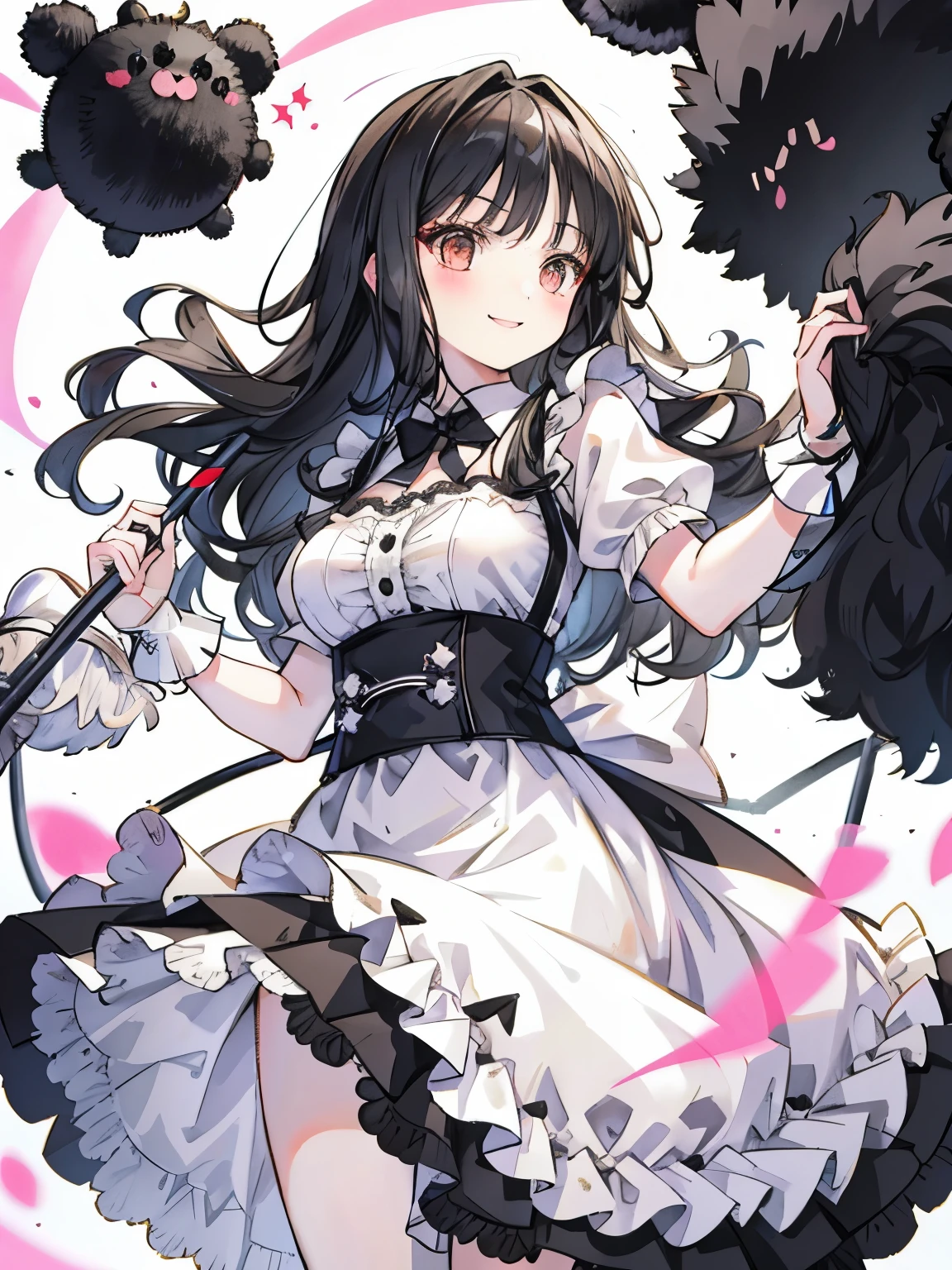 Surrounded by fluffy and fluffy things,Old-style pattern,Skirt with different hem lengths at the front and back,Skirt with plenty of gathers,smile,((Fighting a black fluffy creature with a cleaning mop)),(serious cleaning)