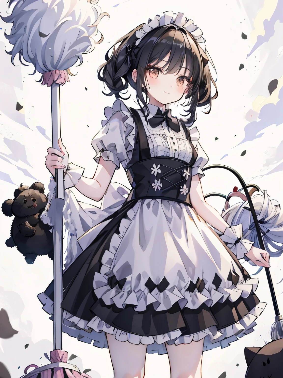 Surrounded by fluffy and fluffy things,Old-style pattern,Skirt with different hem lengths at the front and back,Skirt with plenty of gathers,smile,((Fighting a black fluffy creature with a cleaning mop)),(serious cleaning)