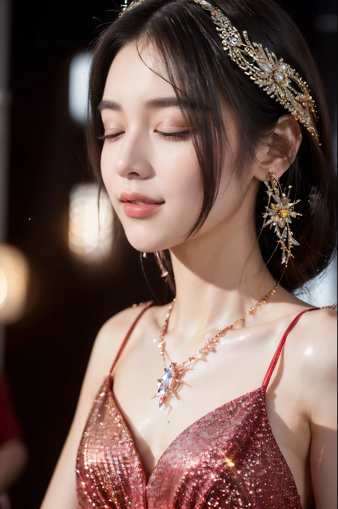 ((((8k))),((Extremely meticulous CG)),(wallpaper),16k,((Extremely refined and beautiful)),(((Masterpiece))),(((best qualtiy))),(((Ultra High Resolution))),beautiful light up,Perfect lightning,realistic shaded,(high resolution),(Smooth and flawless fair skin:1.5),(pale skin:1.3),Extremely exquisite facial details,(perfect body:1.1),ultra-detailed,a girl,solo,small head,(shoulder length straight bob hair:1.1),small face,Exquisite makeup,(close eyes:1.5),(open mouth:1.3),(blush:1.3),(female orgasmic:1.5),(ahegao:1.1),(slim,thin),(happy:1.2),(smile:1.2),(small breasts:1.2),(flat chest:1.2),(Crystal Necklace:1.1),(Maxi Gorgeous sparkle red dress:1.5),(night scene:1.5),indoor,(standing On the dazzling stage:1.3),(Modern Cyberpunk Style:1.3),(Spring Festival festive atmosphere:1.3),(detailed background:1.5),(close-up of face:1.3),(from front:1.3),(bright light:1.3),