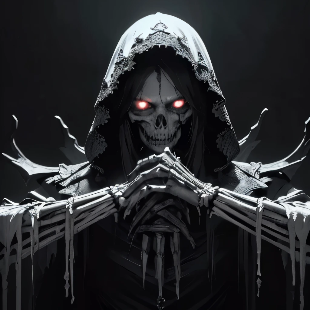 (best quality,highres,masterpiece:1.2),ultra-detailed,realistic,black and white,monochrome lighting,bony texture,horror,nightmare-like,creepy,menacing, skeleton, four arms, clasped hands, black bones, hollow eyes, evil looking, royal clothes, red clothes, male, man