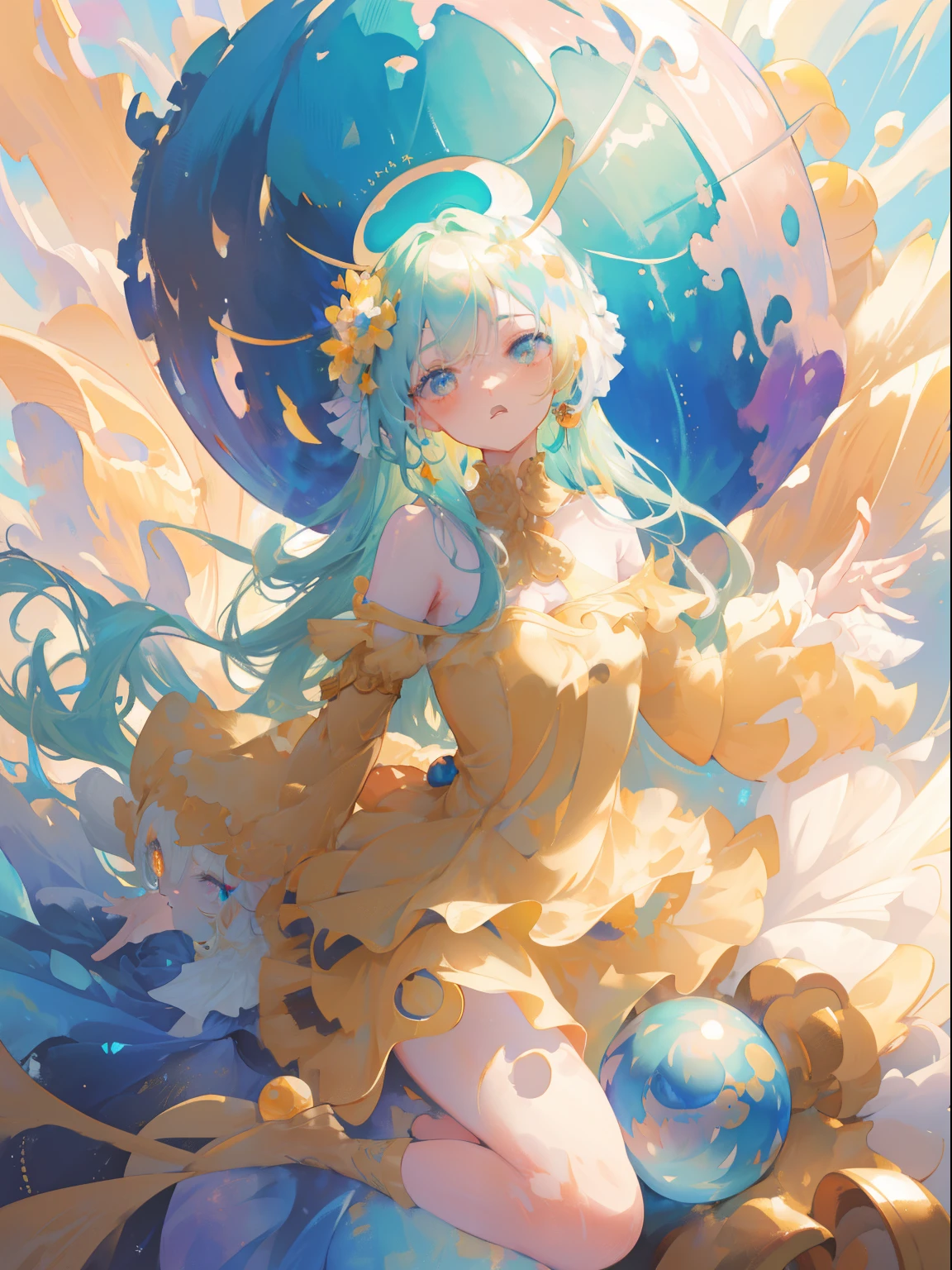 nsfw,nude,masterpiece, highest quality, 8K resolution, sharp focus, intricate details, beautiful girl, sparkling eyes, golden ratio face, liquid from another world, watercolor, pastel colour, bright colors, Whimsical, colorful, sharp focus, High resolution, small details, ((Layered Tiered Puffy Long Sleeve Ball Gown)), ((round eyes)), rainbow colored bubbles, fantasy background