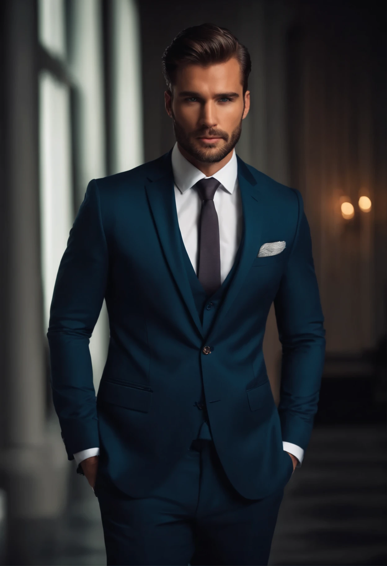 attractive 30 year old man in Hugo boss business suit , Belle barbe , Executive Sexy Man, Terno donc, Front camera focus, mode portrait, perfectly straight in front of the camera
