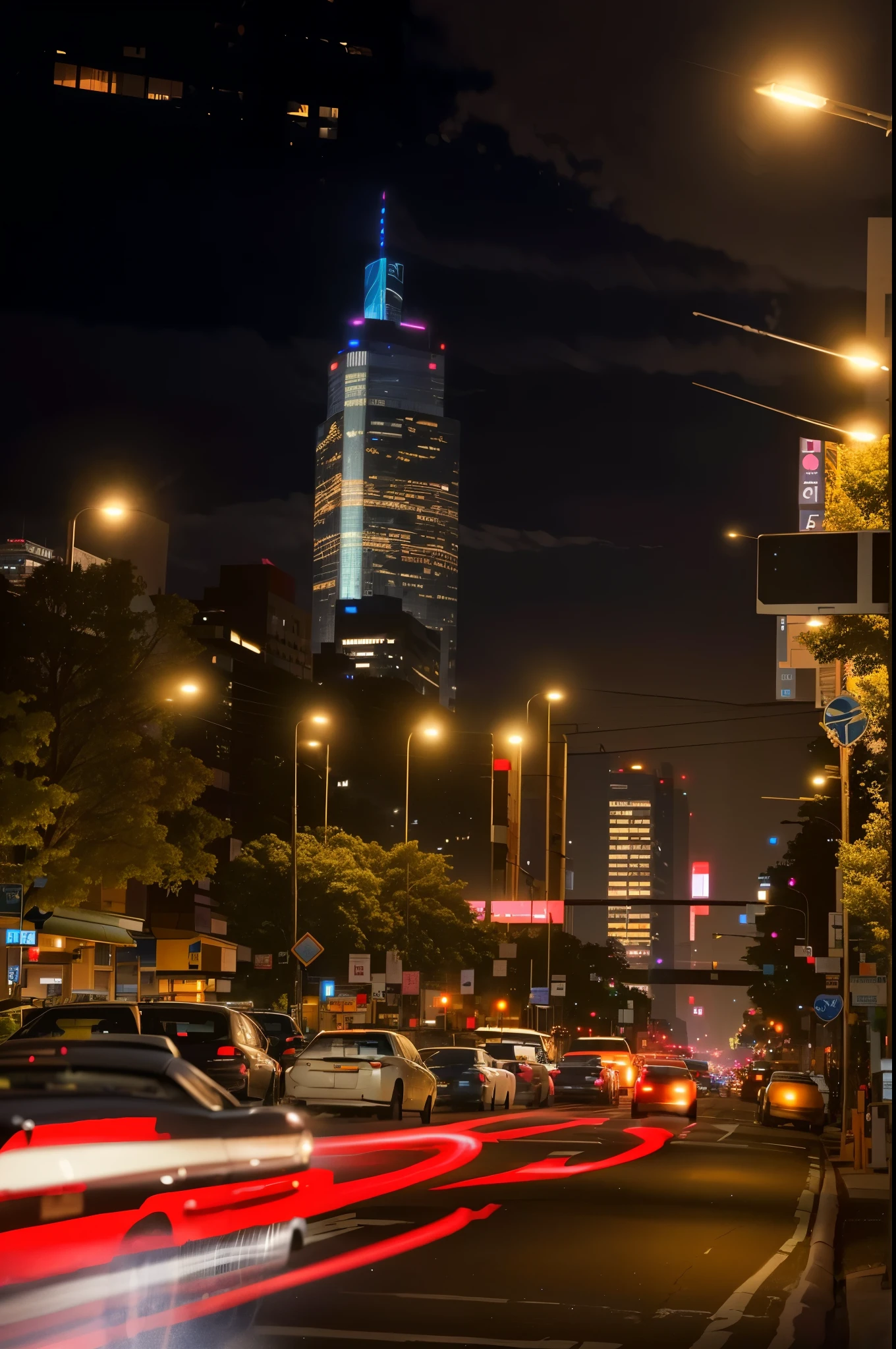 cars are driving down a city street at night with a skyscraper in the background, cyber punk, night, street lights, future city, new york, headlight trails, long exposure photo