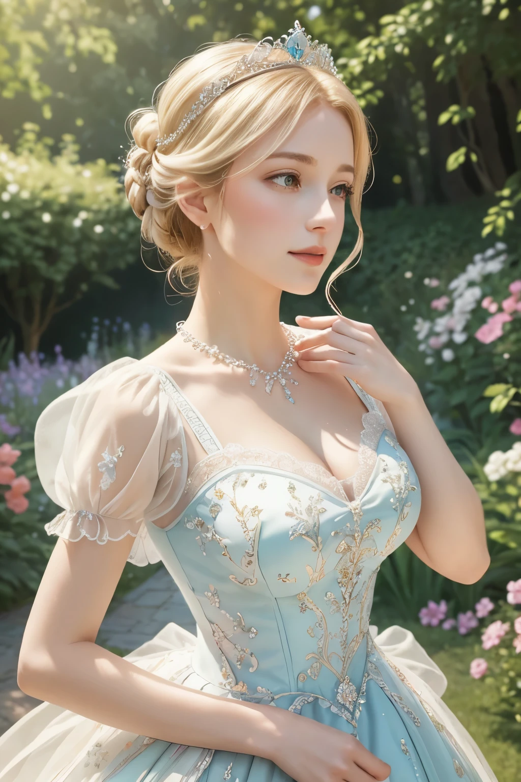 delicate princess, garden with flowers, blonde hair, hair in a bun, big breast, princess dress, sparkling tiara, colorful butterflies flying around, soft sunlight streaming through the trees, vibrant and lush greenery in the background, porcelain skin, long eyelashes, enchanting smile, graceful posture, elegant hand gestures, graceful walk, fairytale-like atmosphere, magical aura, whimsical scenery, intricate lace details on the dress, delicate embroidery on the tiara, dainty pearl necklace, dreamy and ethereal colors, soft pastel tones, gentle and warm lighting, a sense of tranquility and serenity, a touch of mystery in her eyes. (best quality, highres, ultra-detailed, realistic, vivid colors, sharp focus, bokeh), portraits, garden scene, fantasy art, impressionist painting style, delicate brushwork, vibrant floral patterns, dreamlike atmosphere.