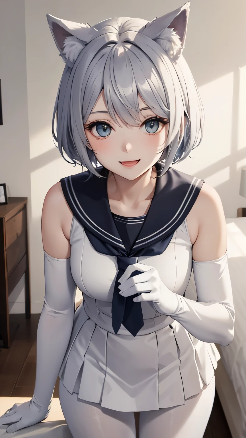 table top High level image quality best image quality 8K adult woman portrait white long gloves Pure white pantyhose sailor suit(sleeveless) mini skirt white wolf ears short hair((shortcut)(gray hair)(perm)(fluffy)) eye color is blue Face seducing((laughter)(smile) background(Bedroom)Are standing