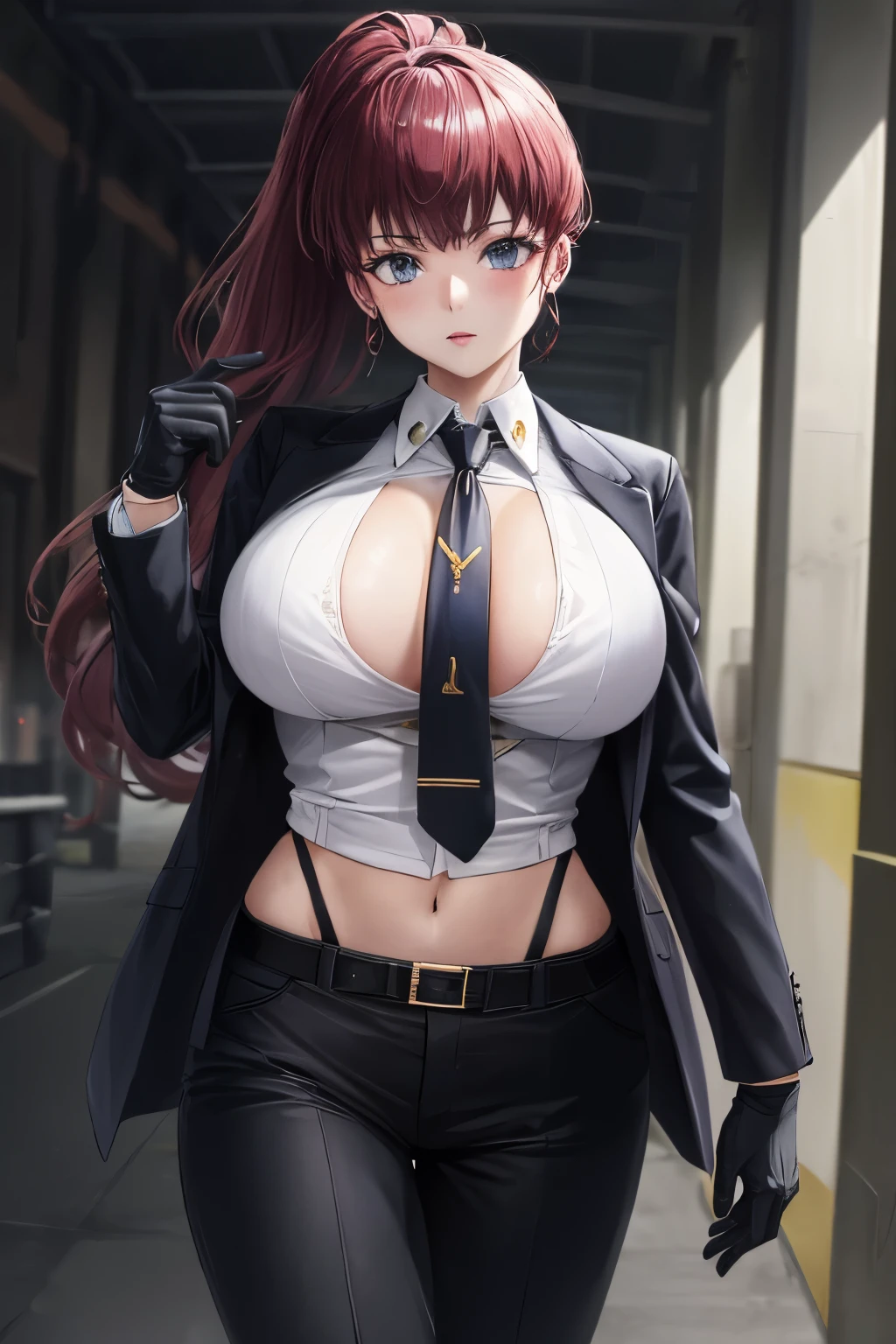 (masterpiece, best quality, ultra detailed, absurdres)1.5, 1girl, (sexy, beautiful woman, perfect face, perfect eyes, perfect female body, kkw-h-bb)1.5, (dolla \(nikke\), dolladef, suit, jacket, black gloves, black pants, necktie, black ankle boots, ), (standing in the middle of a wasteland, science fiction), perfect lighting, smooth, hdr, gigantic breasts