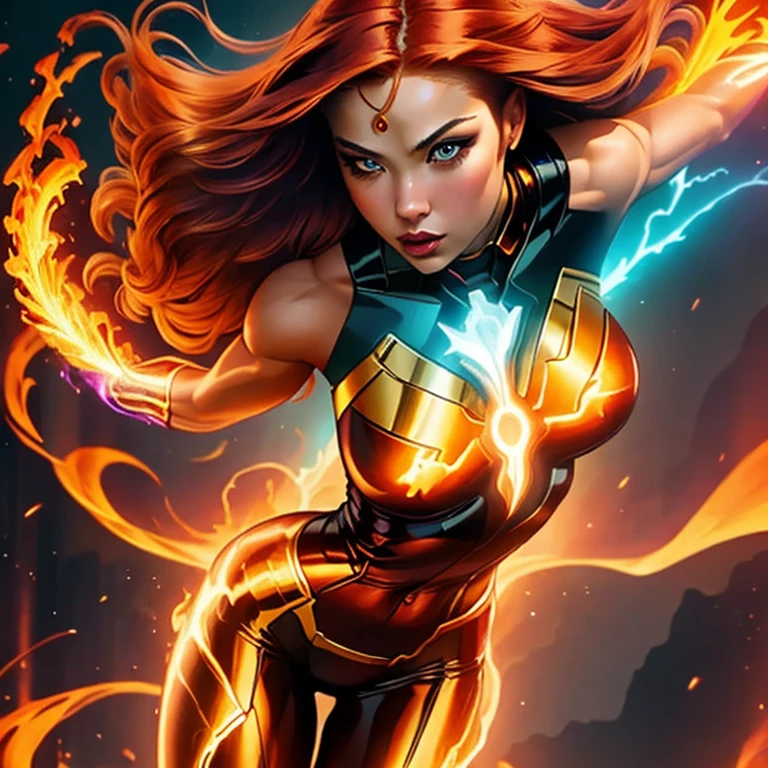 Create a stunning masterpiece featuring a beautiful girl channeling her fiery superpowers. Depict her with the grace of a modern-day Rembrandt, embodying the essence of both beauty and power. Imagine her as a fusion of the Human Torch from the Fantastic Four, with glowing neon orange e5yes piercing through the flames surrounding her. Clothed in a sleek neon-orange lycra bodysuit, she exudes an aura of intense energy. Her upper body should dominate the portrait, capturing her in a dynamic pose as she gazes directly at the viewer, her purple energy glowing aura complementing the fiery inferno around her. Let her essence be defined by the fluidity of flames, with every detail meticulously crafted to convey the majesty of her fiery prowess., absurdres, best quality, high detail, masterpiece, ultra detailed, highly detailed, red hair, long hair, 1girl, full body, insane details, half-body, sexy, Realistic, RAW photo,(masterpiece:1.3), (best quality:1.3), official art, Super Detailed, High Detail, Soft Lighting, 8K, High Resolution, High Detail Skin, Perfect Skin, RAM Photo, Real Photo,