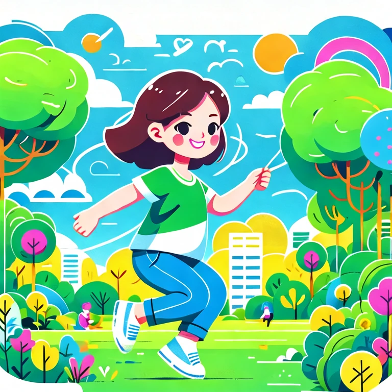 (Flat, UI vector style), (1 girl, sketch in green park: 1.5), rosy cheeks, bright smile, wearing casual, comfortable clothes, park, grass, blue sky, green trees, blooming flowers, Bright colors, cheerful atmosphere, (Simple illustration), (smooth lines), (UI vector style),(flat illustration), (anatomically correct)