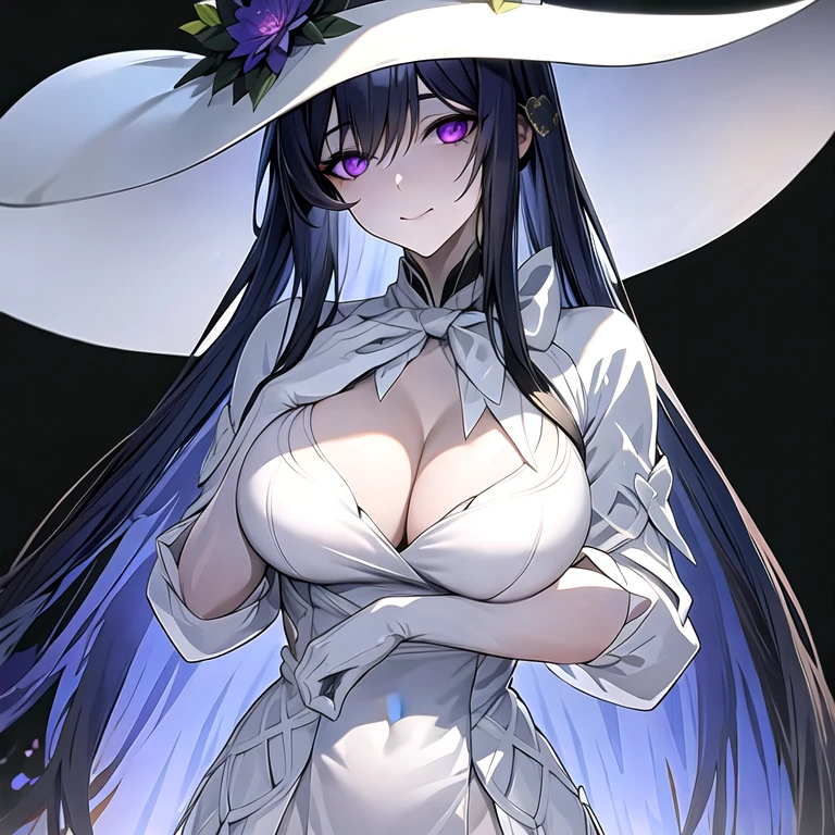 (masterpiece, best quality:1.2), 1girl, solo,Constance,black hair,very long hair,hair between eyes,purple eyes,black flower on hat,Floppy Hat,white tie neck lantern sleeve long dress,lady,crooked bow on chest,white bow tie,big braests,bare breasts,((cleavage)),older girl,pale skin