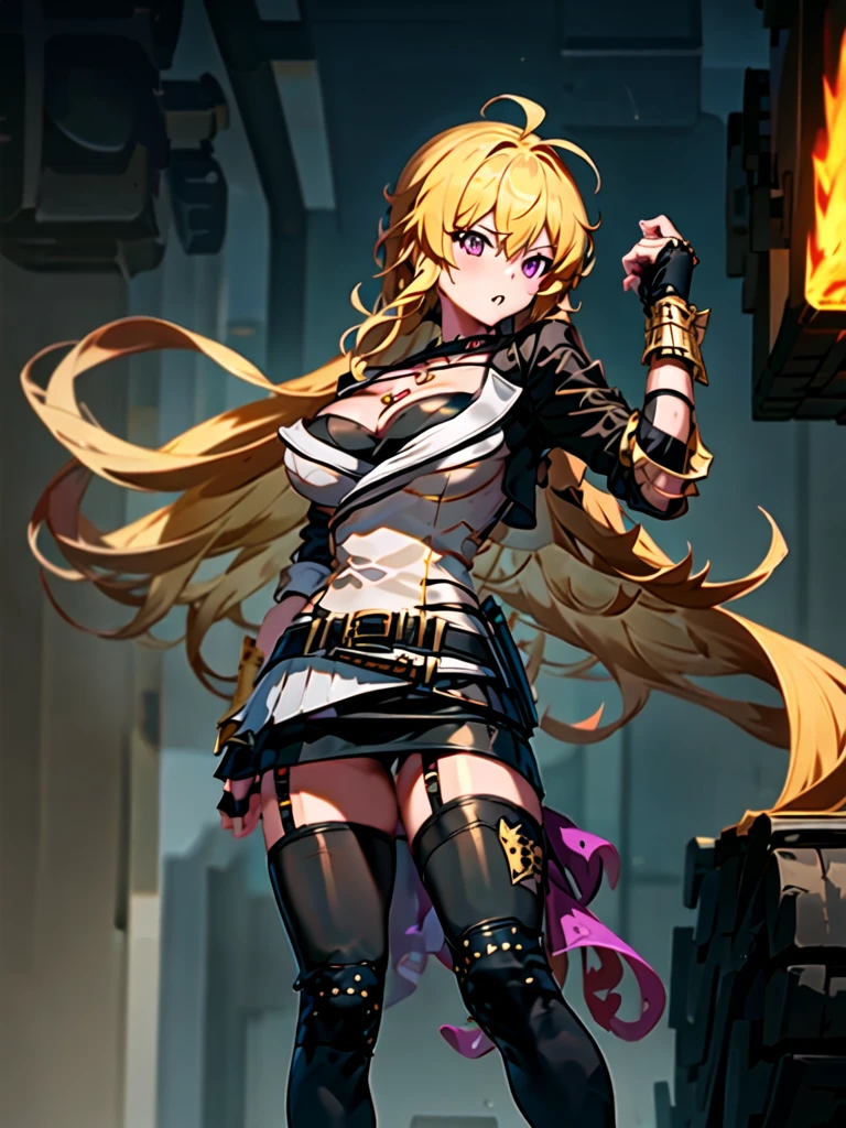 (fullbody), Huntress Yang, 1girl, solo, (ahoge:1), bangs, blonde hair, very long hair, (lilac eyes:1.), eyebrows visible through hair, hair between eyes, lips, teeth, (collarbone:1), (Pendant:1), (purple jewelry:1), jacket, (black sleeves:1), (black shoulders:1), unzipped, long sleeves, cleavage, (black tube top:1), medium breasts, black underwear, (black belt:1.2), buckle, (purple fabric tied to the left side of belt:1), (golden gauntlets with shell casings:1.3), black fingerless gloves, nail polish, (black tight mini skirt:1.4), thighhighs, (golden fire stamp on each thigh), garter straps, black legwear, cross-laced footwear, lace-up boots, (white laces on the back of boots:1.1), (standing:1.4), white background,  from below,  BREAK, (masutepiece:1.2), Best Quality, High resolution, Unity 8k壁纸, (Illustration:0.8), (Beautiful detailed eyes:1.2), extra detailed face, Perfect Lighting, extremely detailed CG, 