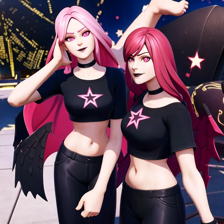 (masterpiece, best quality:1.2), 1girl, solo, haze style, woman, gothic woman, pink hair, long hair, ultra detailed eyes, pink
 eyes, white skin, black t-shirt, pink star symboll in t-shirt, black pants, bare abdomen, normal breast, full body, black necklace