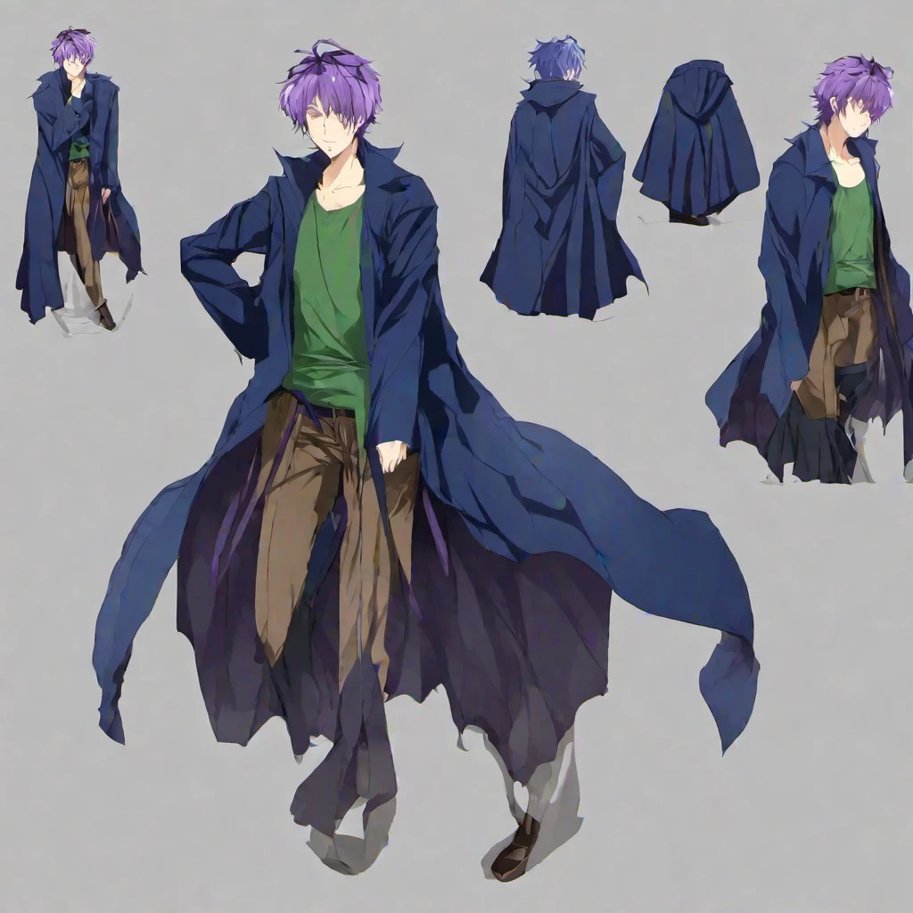 (masterpiece, best quality:1.2), the anime, guy, Tall stature, thinness, dark blue raincoat, Green T-shirt, brown trousers, purple hair, strap, dynamic pose