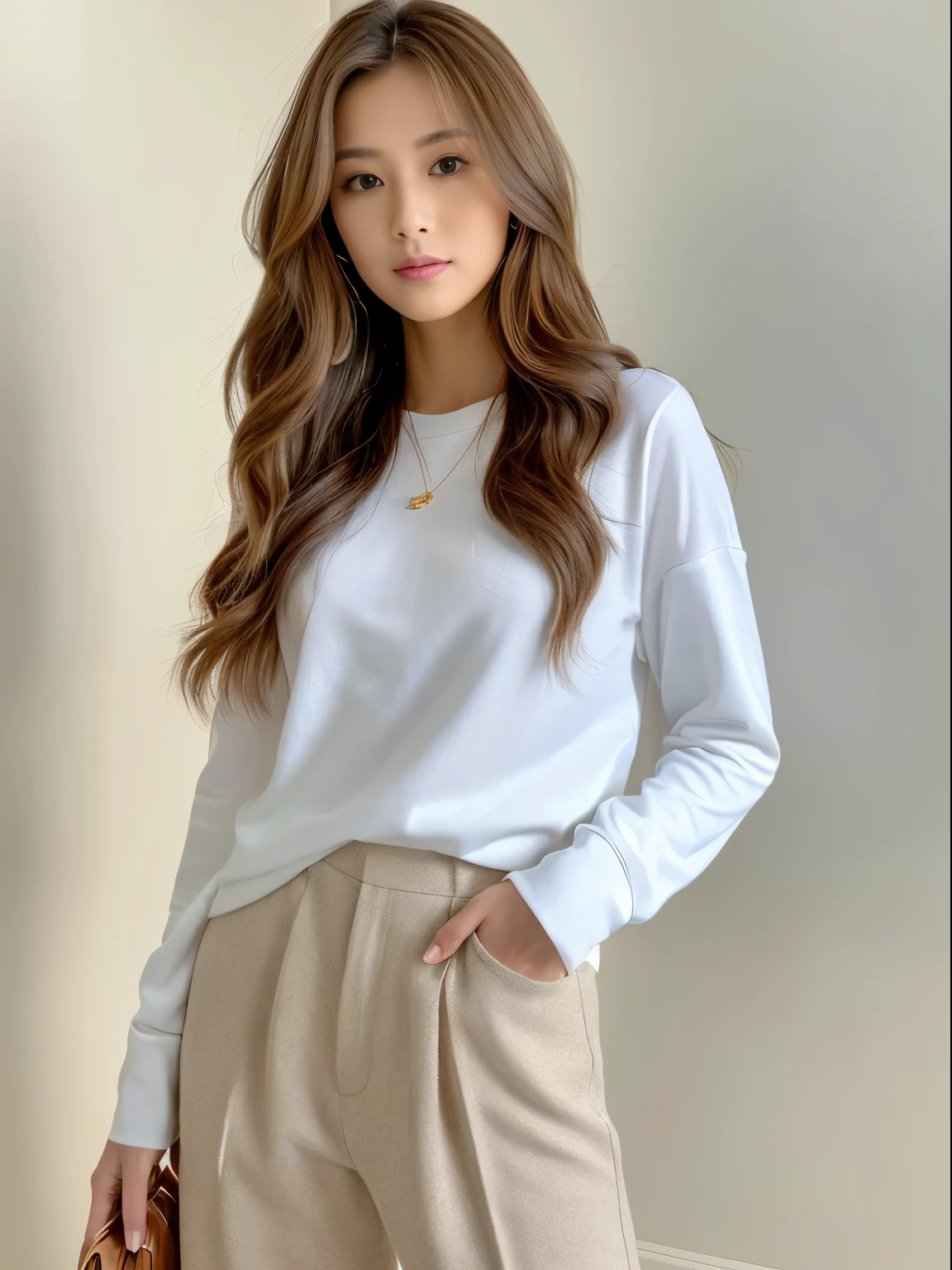 ((masterpiece,highest quality)), (photo-realistic:1.4),((table top,8K)),High resolution,soft light in the studio, rim light, vivid details, realistic skin texture,Japanese, 1 beautiful woman, Light brown long hair, wave hair, 21 years old, fine skin, long sleeve sweatshirt t-shirt, wide pants, Are standing, white background, white room,white wall, full body photo, looking at the viewer