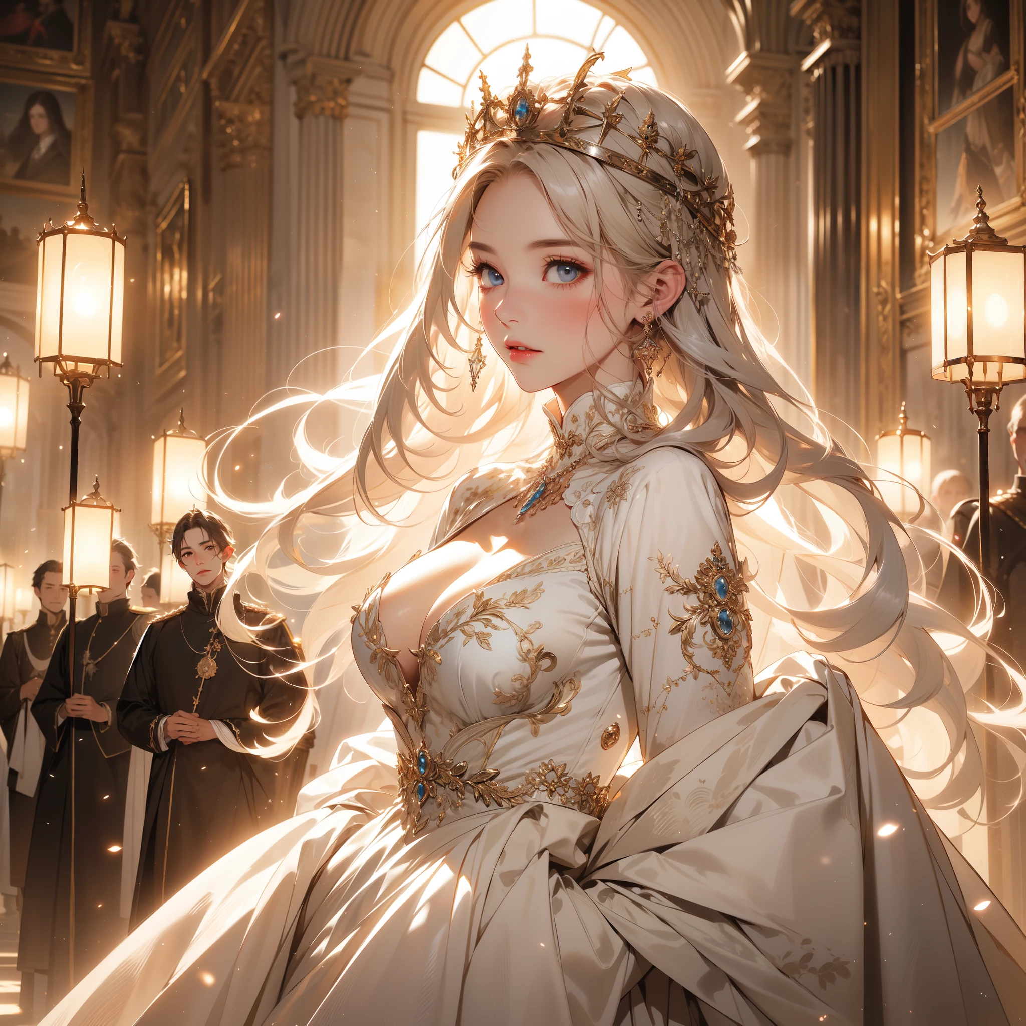 ((8k wallpaper of extremely detailed CG unit, ​masterpiece, hight resolution, top-quality, top-qualityのリアルテクスチャスキン)), (very beautiful and attractive queen),
In the grandeur of the palace, an elf queen strides down the hall with regal grace, flanked by a procession of knights standing at attention. Their gestures of respect serve as a testament to the reverence they hold for their sovereign, (regal presence:1.2), (palace ambience), (detailed queen attire, dress gown over a turtleneck), ((respectful knights:1.3)), (royal atmosphere), (artistic presentation), (focused depth of field:1.2), (majestic aura:1.15), fantasy, by Yoji Shinkawa, detailed face,  (messy, white shining hair, blue eyes, shining eyes, Plump lips, white-skinned, medium breast)