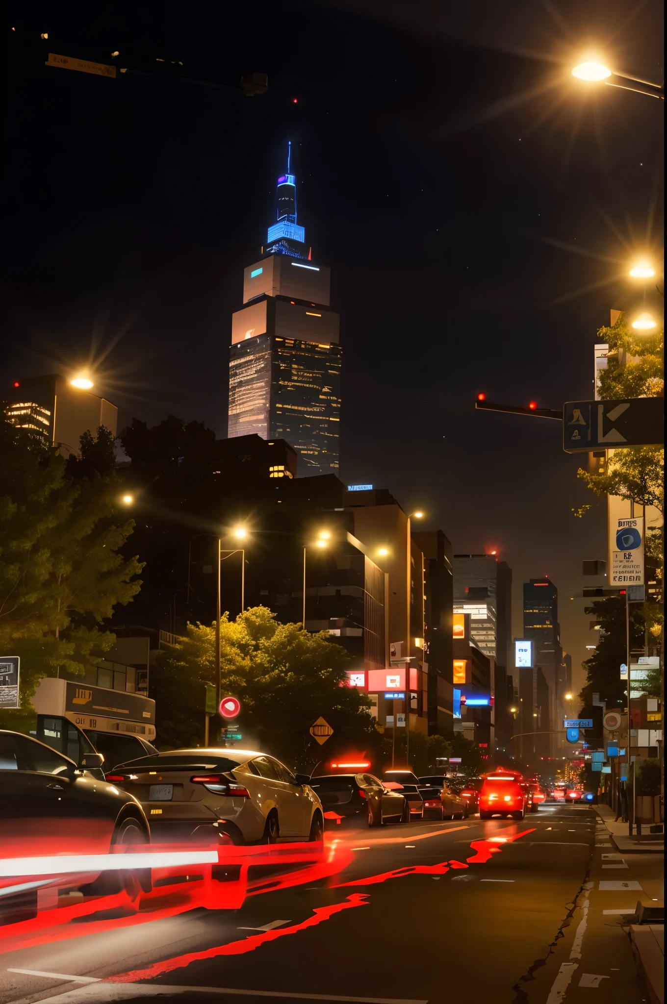 cars are driving down a city street at night with a skyscraper in the background, cyber punk, night, street lights, future city, new york, headlight trails, long exposure photo