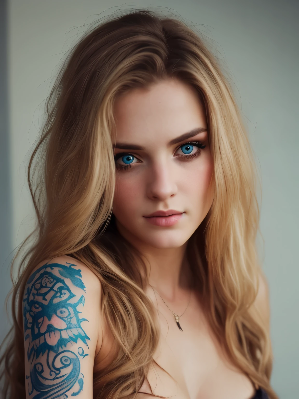 (Realistic:1.2), Photorealistic, analog photostyle, depth of field, film grain, cute sexy full-body woman with a rude appearance, long messy blond hair, in bohemian style clothing, eyes blue, tattoos in arms,
