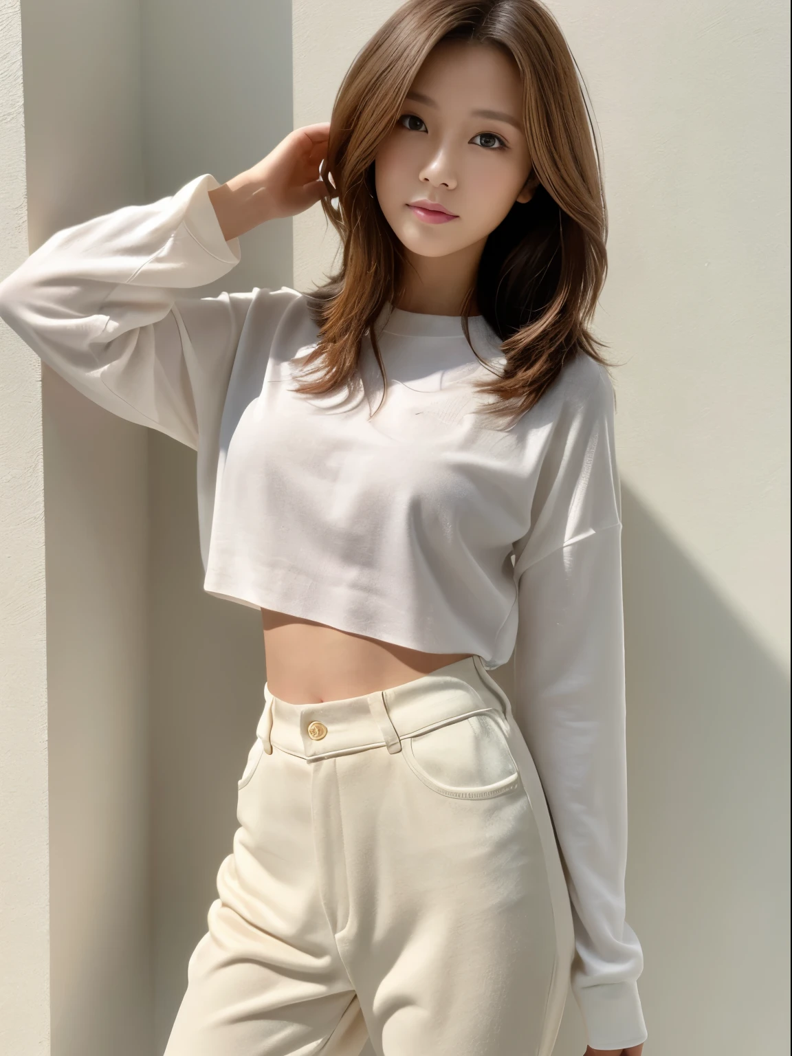 ((masterpiece,highest quality)), (photo-realistic:1.4),((table top,8K)),High resolution,soft light in the studio, rim light, vivid details, realistic skin texture,Japanese, 1 beautiful woman, Light brown long hair, wave hair, 21 years old, fine skin, Stylish long sleeve sweat T-shirt, stylish wide pants, Are standing, white background, white room,white wall, full body photo, looking at the viewer、model body shape、slim、slender、Model Posing