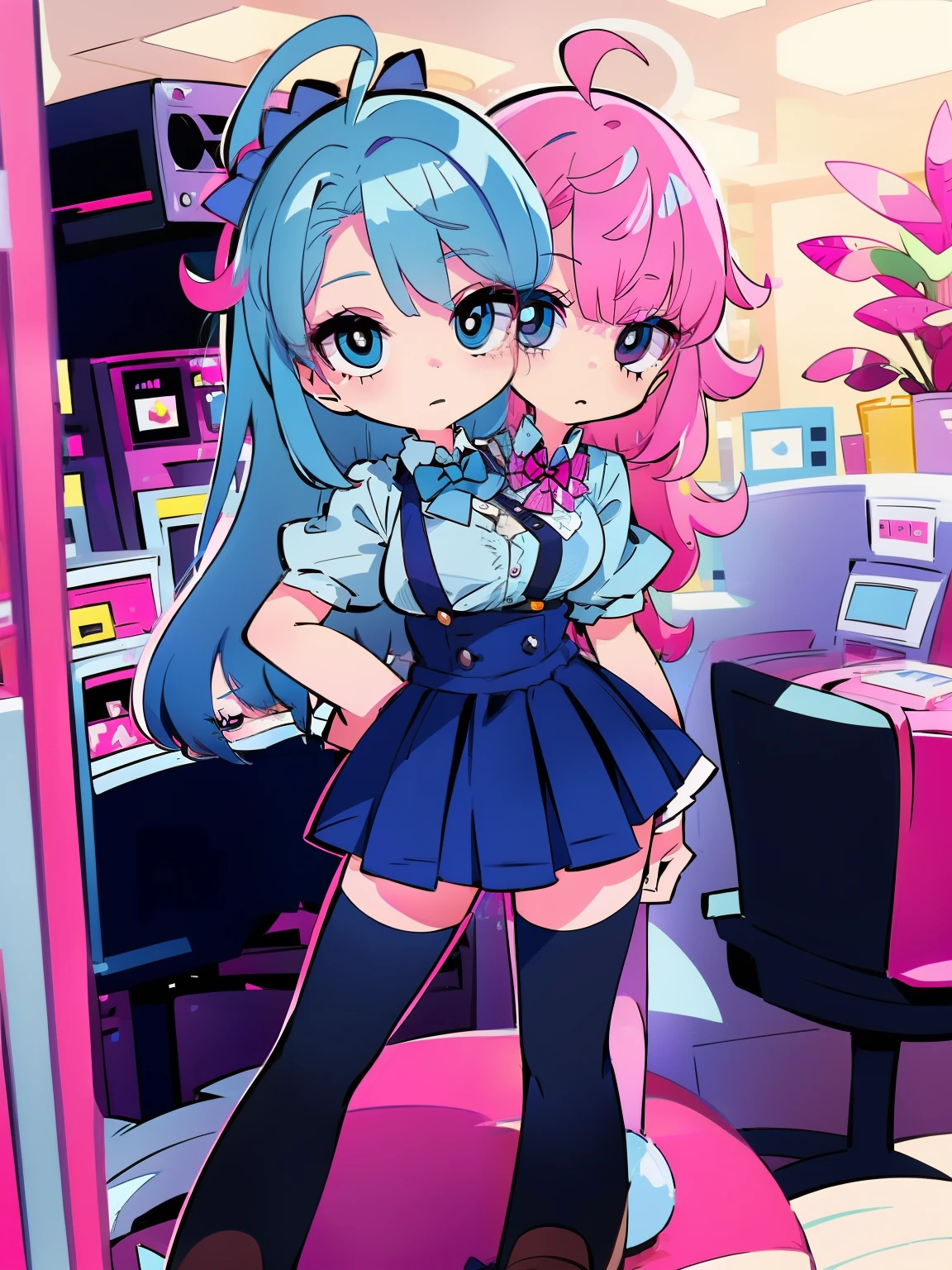 best quality, (masterpiece),(ultra-detailed), (high quality), (high resolution), ((2heads:1.5)), 1girl, ((blue hair)),((magenta pink hair)), black eyes,  black thighhighs, pleated skirt, plaid skirt, worker uniform, one side up, ((blue bow tie)), sweater, white shirt, hair scrunchie, miniskirt, cowboy shot, standing, ((toy factory background))