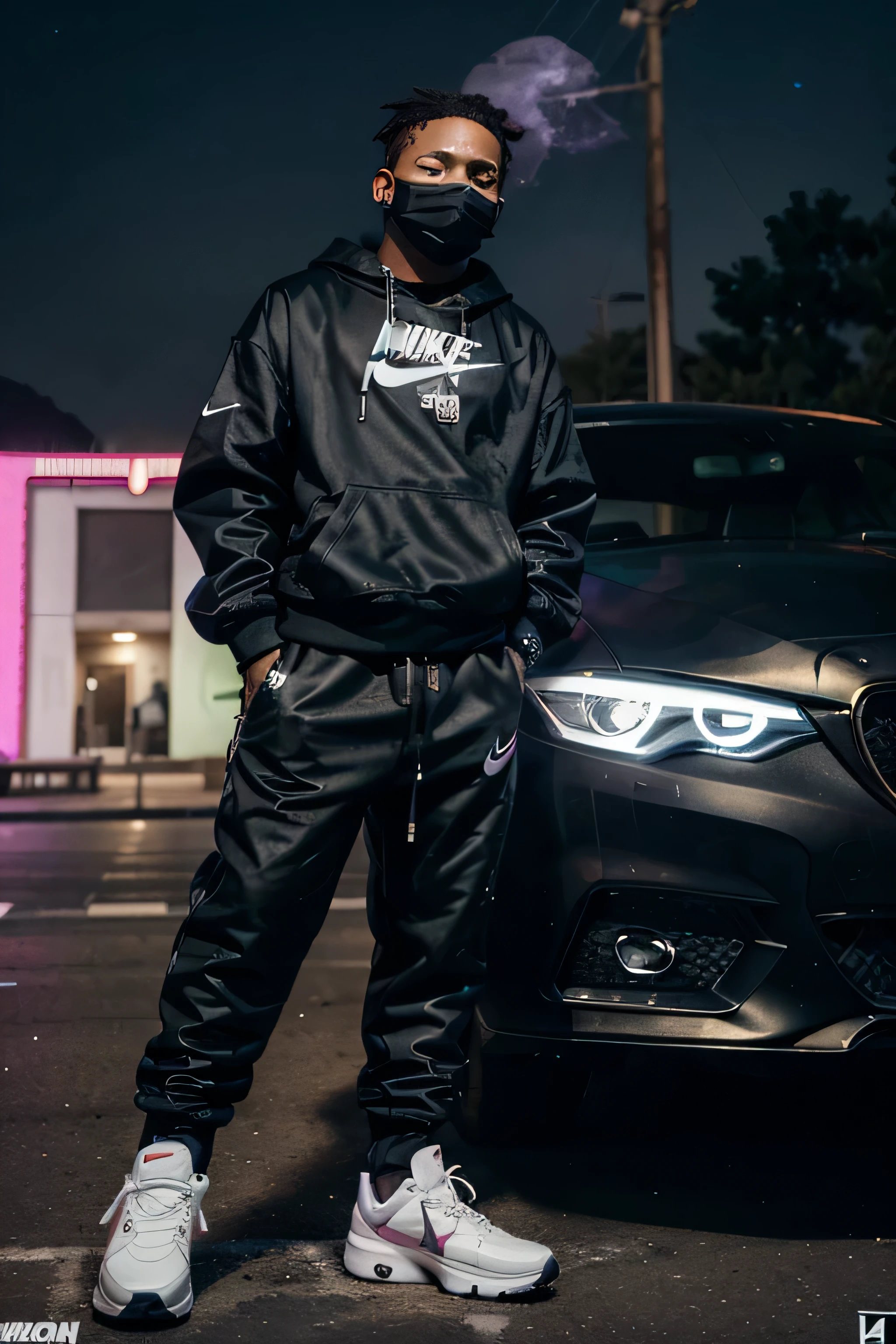 jovem criminoso negro, rapper americano, totalmente mascarado, jogging pants, air max plus, pistola, desenho, arte, 4k, carteoon style, pacotes de dinheiro, gueto, Galaxy, estrelas, smoke, roxo , carro de luxo