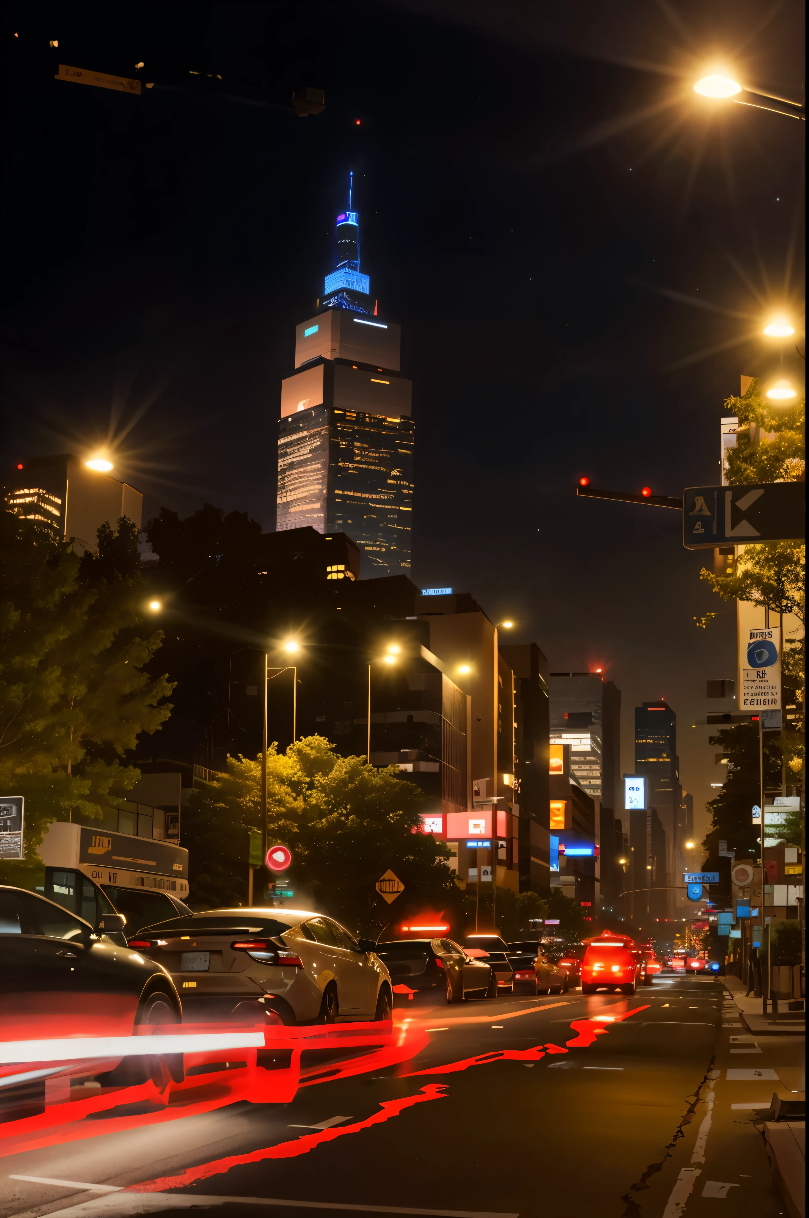 cars are driving down a city street at night with a skyscraper in the background, cyber punk, night, street lights, future city, new york, headlight trails, long exposure photo