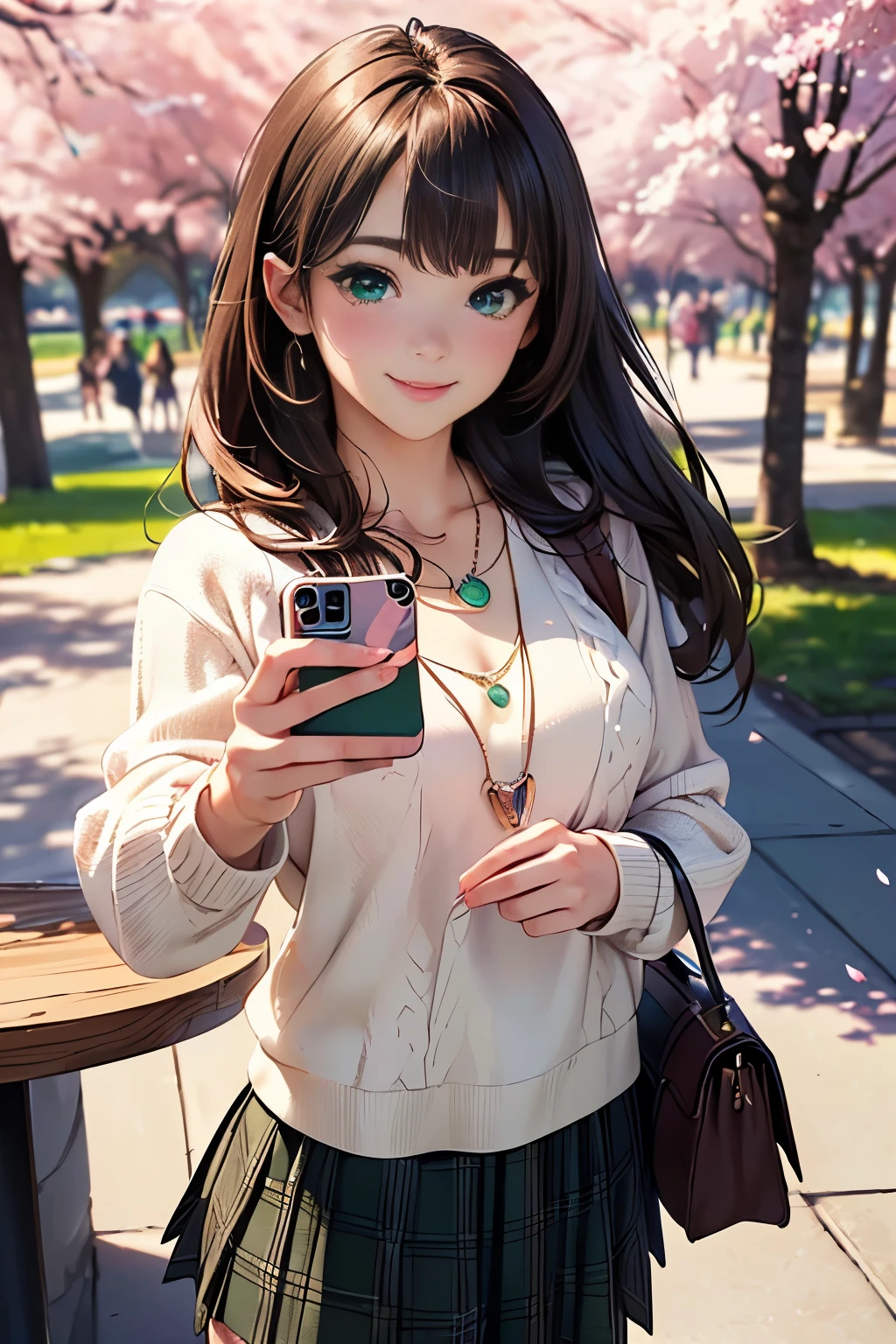 ((table top, highest quality, High resolution, nffsw, perfect pixel, Depth of bounds written, 4K, nffsw, nffsw))), 1 girl, single, alone, beautiful anime girl, beautiful art style, anime character, ((long hair, bangs, brown hair)), ((green eyes:1.4, round eyes, beautiful eyelashes, realistic eyes)), ((detailed face, blush:1.2)), ((smooth texture:0.75, realistic texture:0.65, realistic:1.1, Anime CG style)), dynamic angle, ((throw, Selfie Pose, portrait)), ((white sweater, long sleeve, black skirt, plaid skirt, Snazzy, 1 handbag, 1 diamond necklace)), smile, amusement park, ((Cherry tree, Cherry blossoms fall))