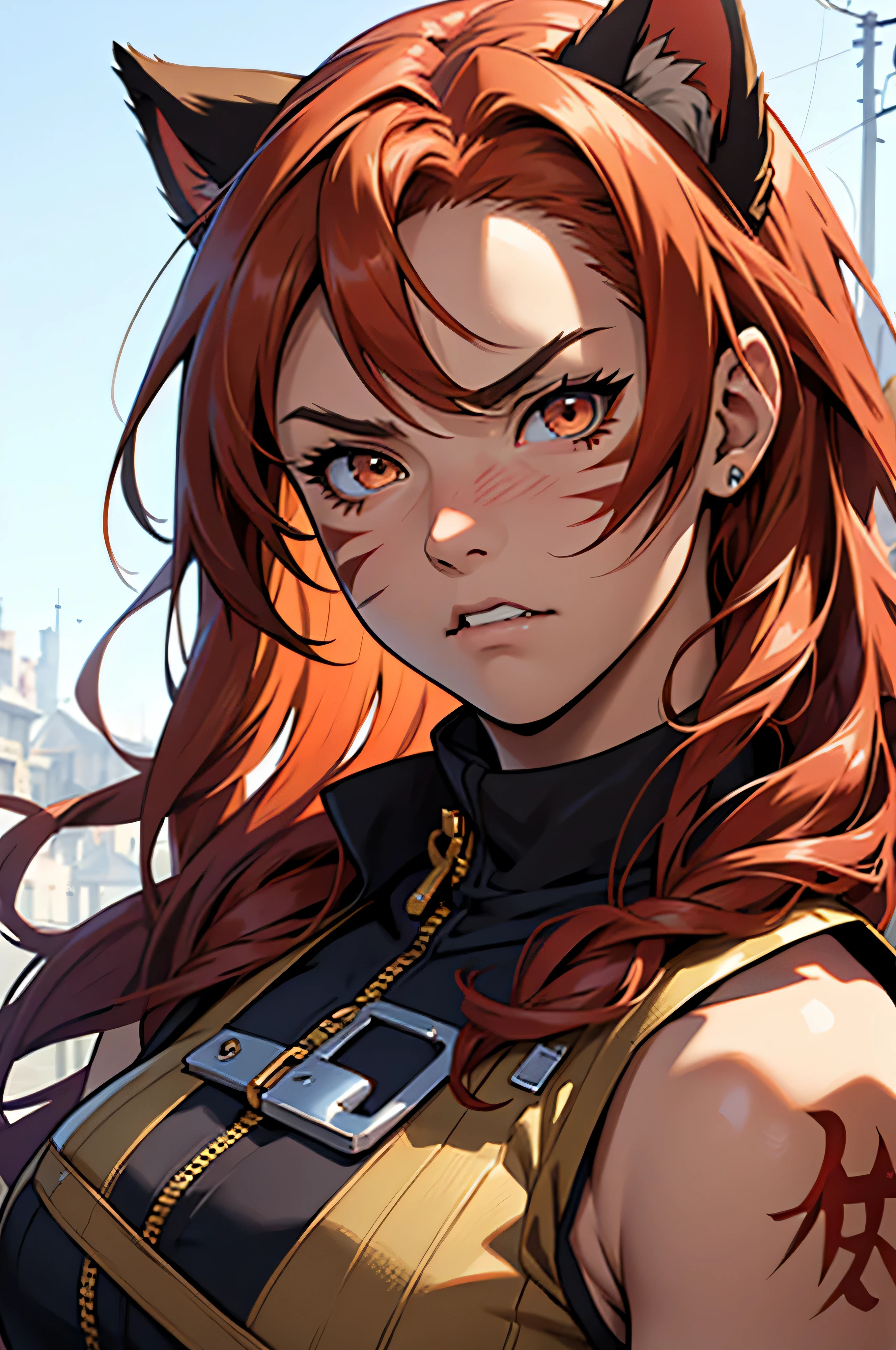 anime, masterpiece, best quality, by professional artist, 1girl, female, solo, upper body portrait, detailed composition, detailed eyes, detailed hair, messy red hair, golden brown eyes, cat ears, angry face, wearing red medieval clothes, sleeveless, muscular, naruto whisker markings on her cheeks